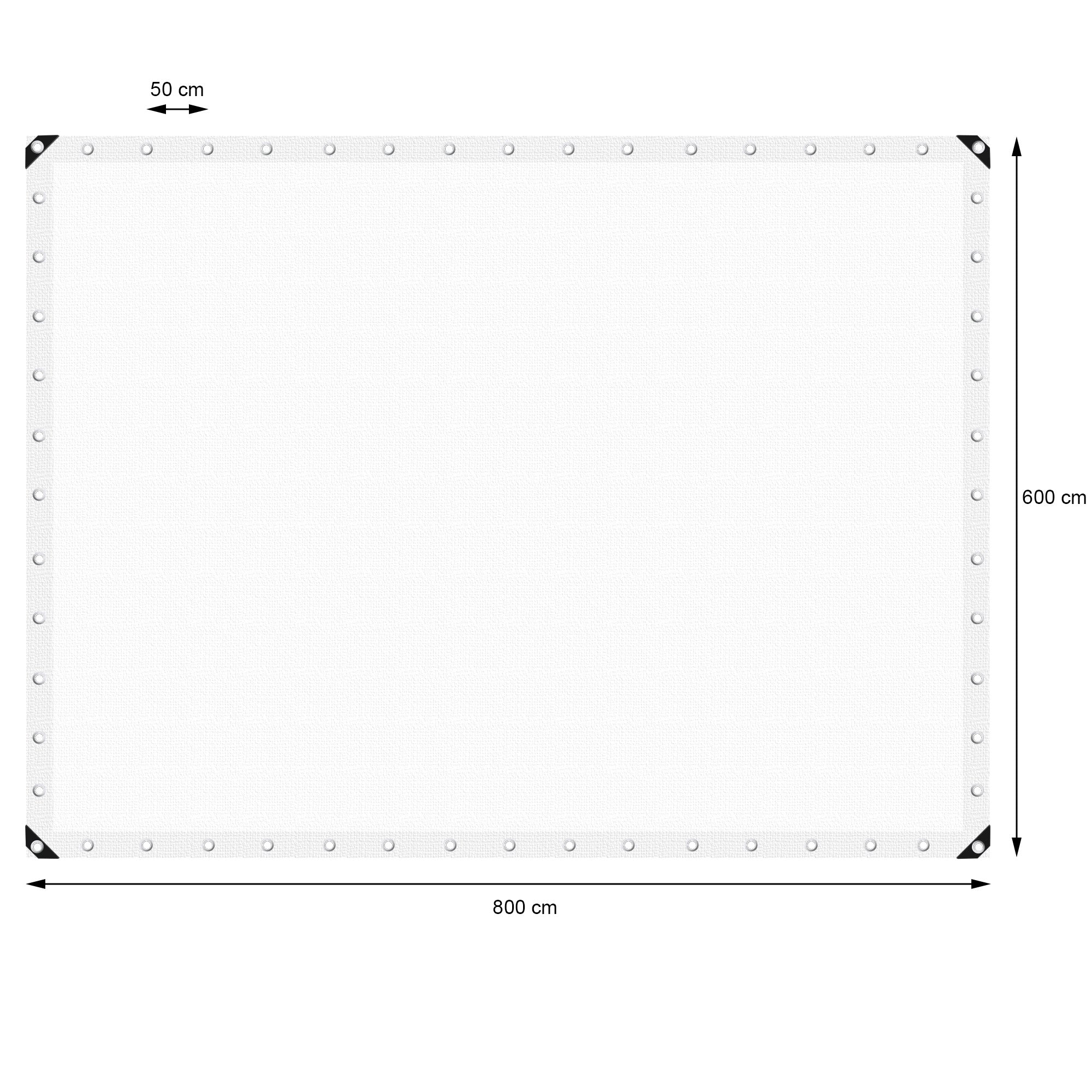 Witte zeil met afmetingen 800 cm x 600 cm, met oogjes aan de randen.