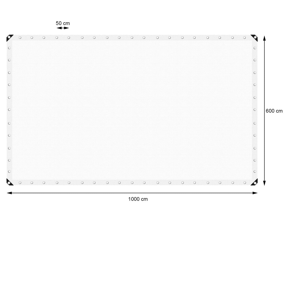 Bâche blanche mesurant 1000 cm x 600 cm, avec des œillets dans les coins.
