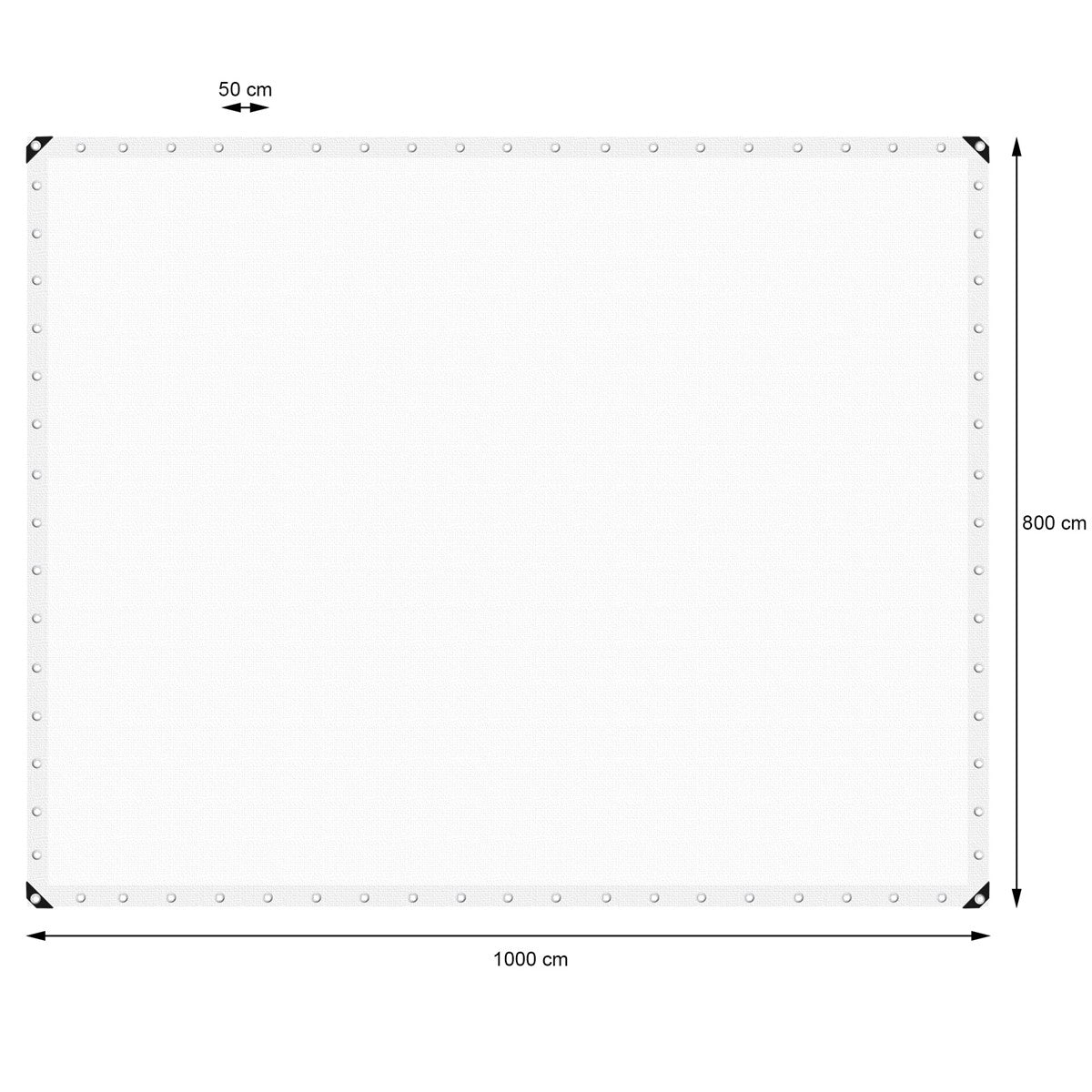 Fehér ponyva 1000 cm x 800 cm méretekkel, a szélein fémgyűrűkkel.