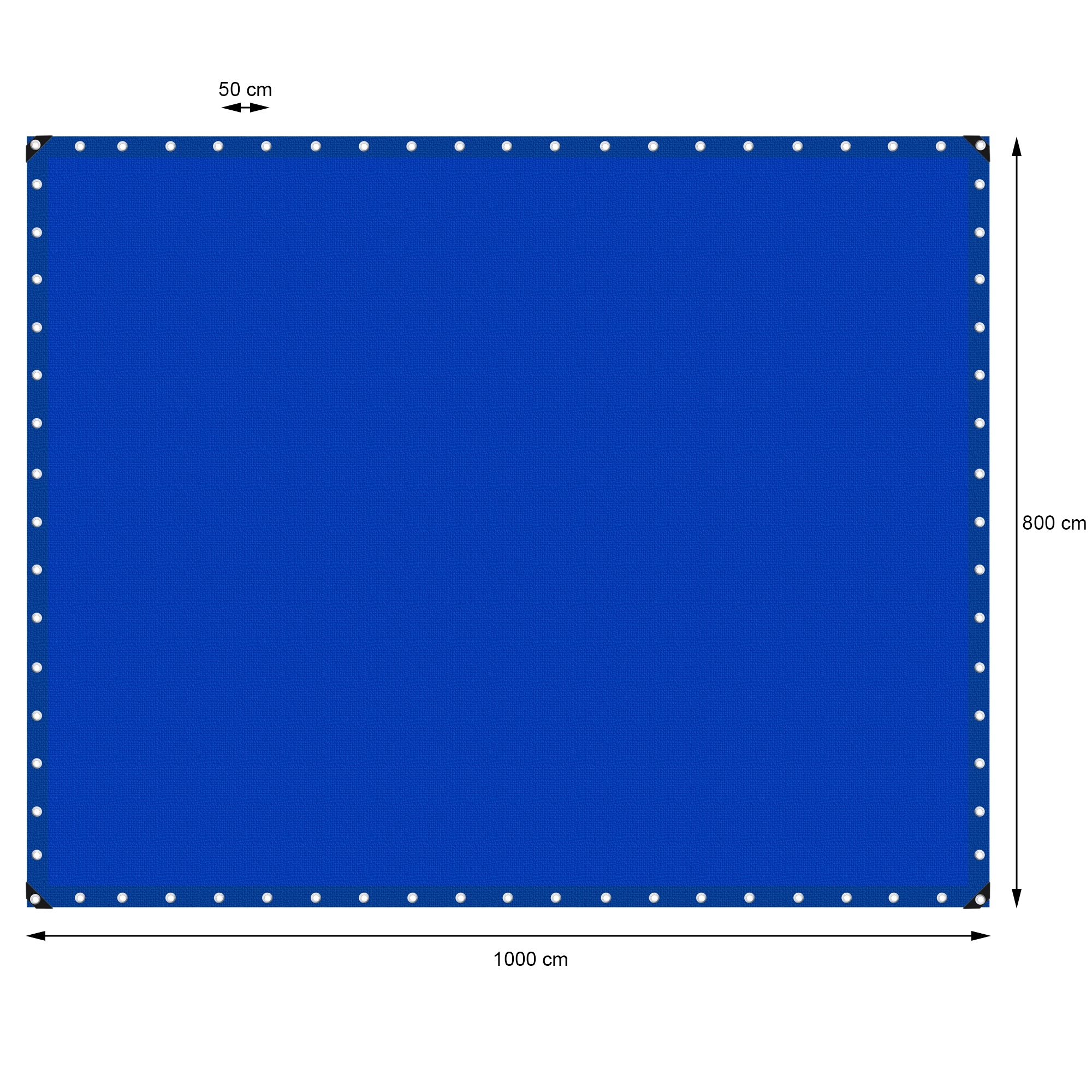 Eine blaue Plane mit Maßen und Ösen an den Ecken.