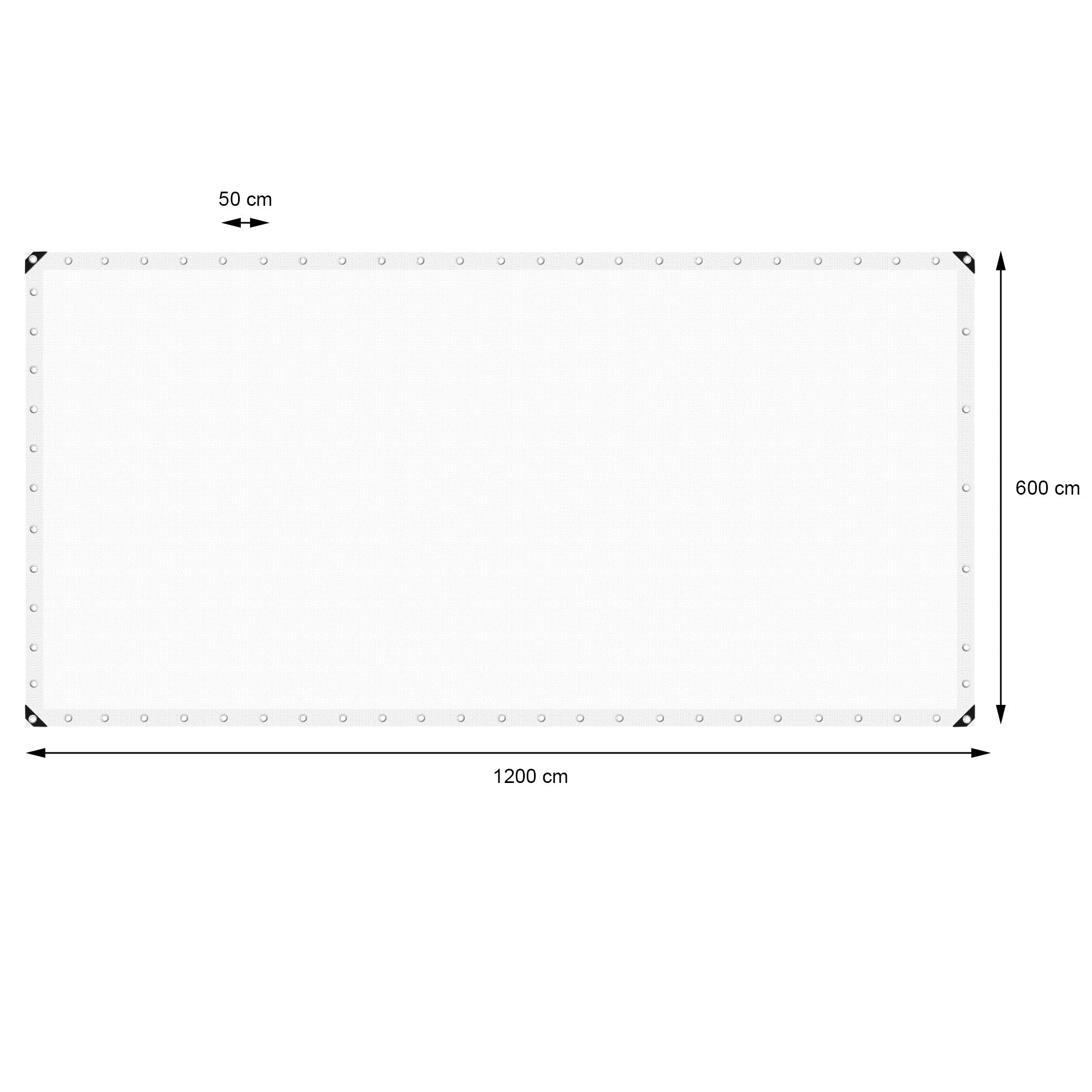 Weiße Plane mit Maßen 1200 cm x 600 cm, mit Ösen an den Ecken.