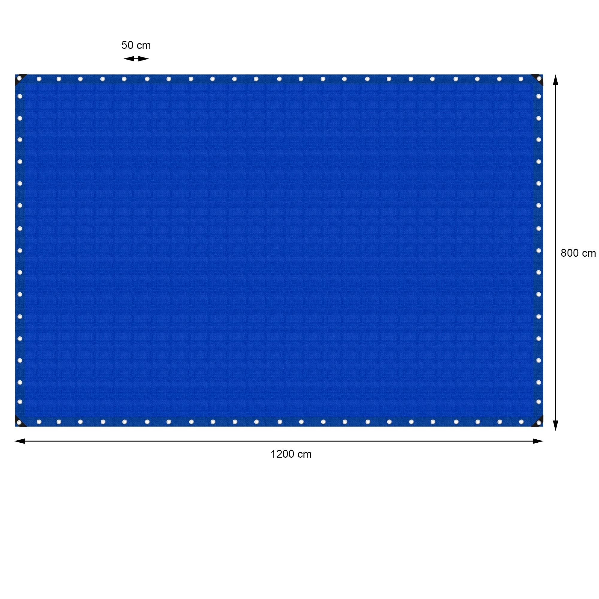 Sininen pressu mitoiltaan 1200 cm x 800 cm, rei'illä reunoilla.