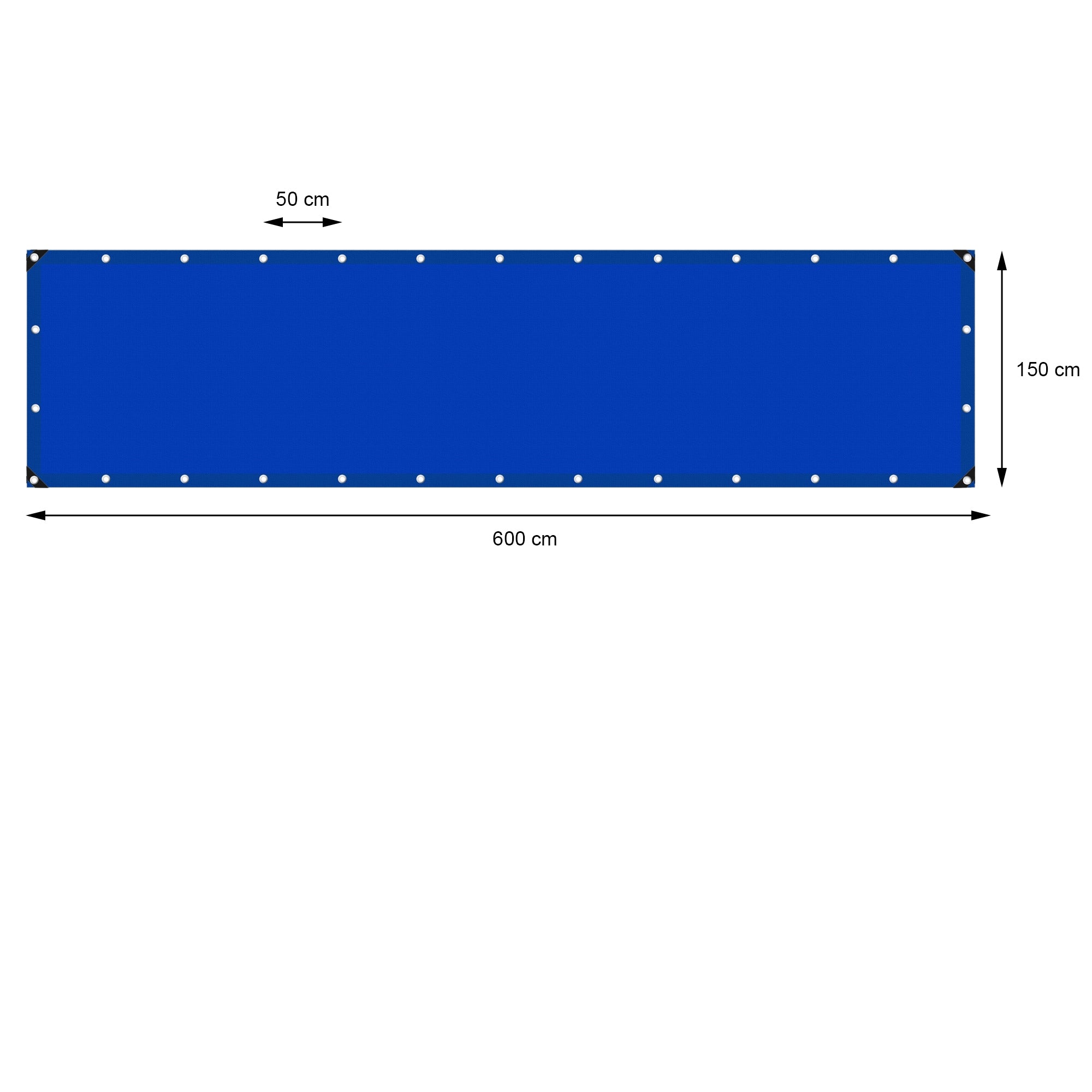Modrá plachta o rozměrech 600 cm x 150 cm s oky na okrajích.