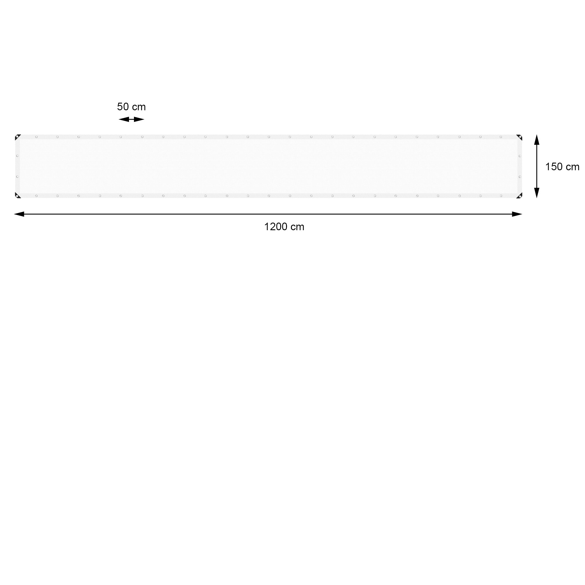 Lange, schmale, weiße Plane mit Maßen 1200 cm x 50 cm.