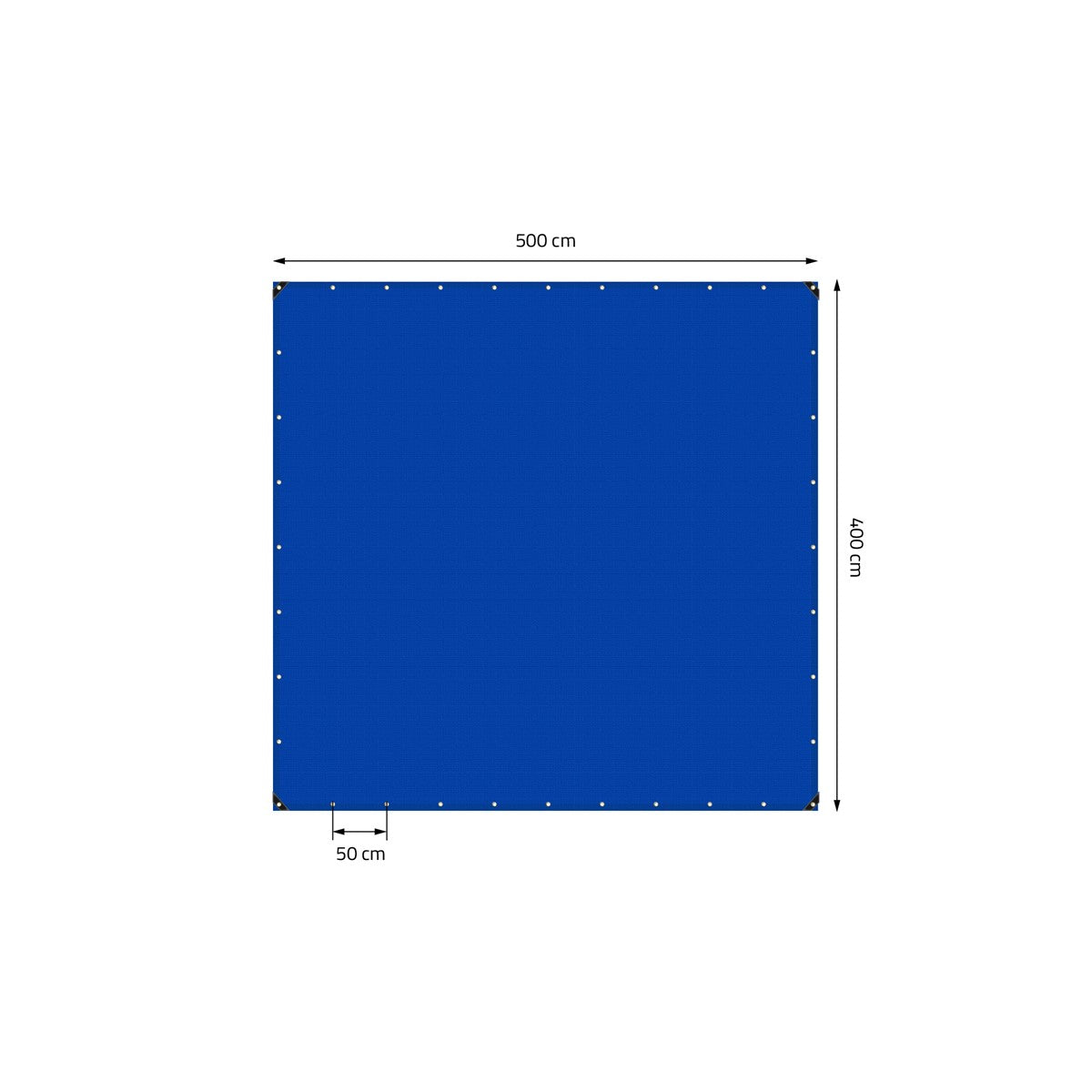 Blaue Plane mit Maßen 500 cm x 400 cm und Ösen in gleichmäßigen Abständen.