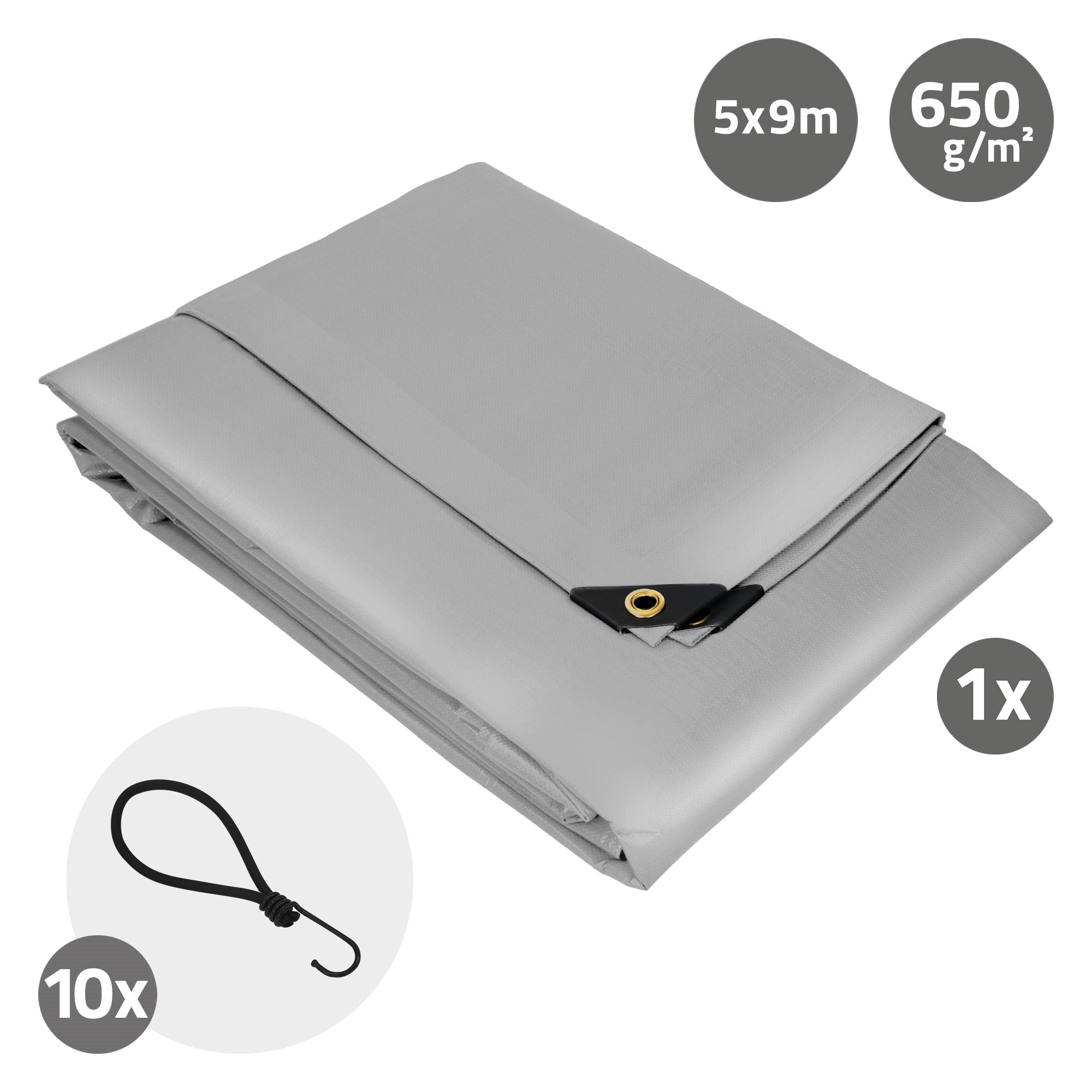 Szürke ponyva, 5x9m, 650 g/m², szemmel és rögzítőszalaggal.