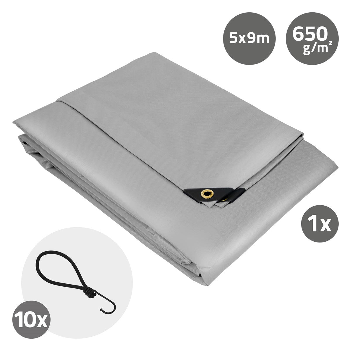Grå presenning, 5 × 9 m, 650 g/m², med øje og fastgørelsesbånd.