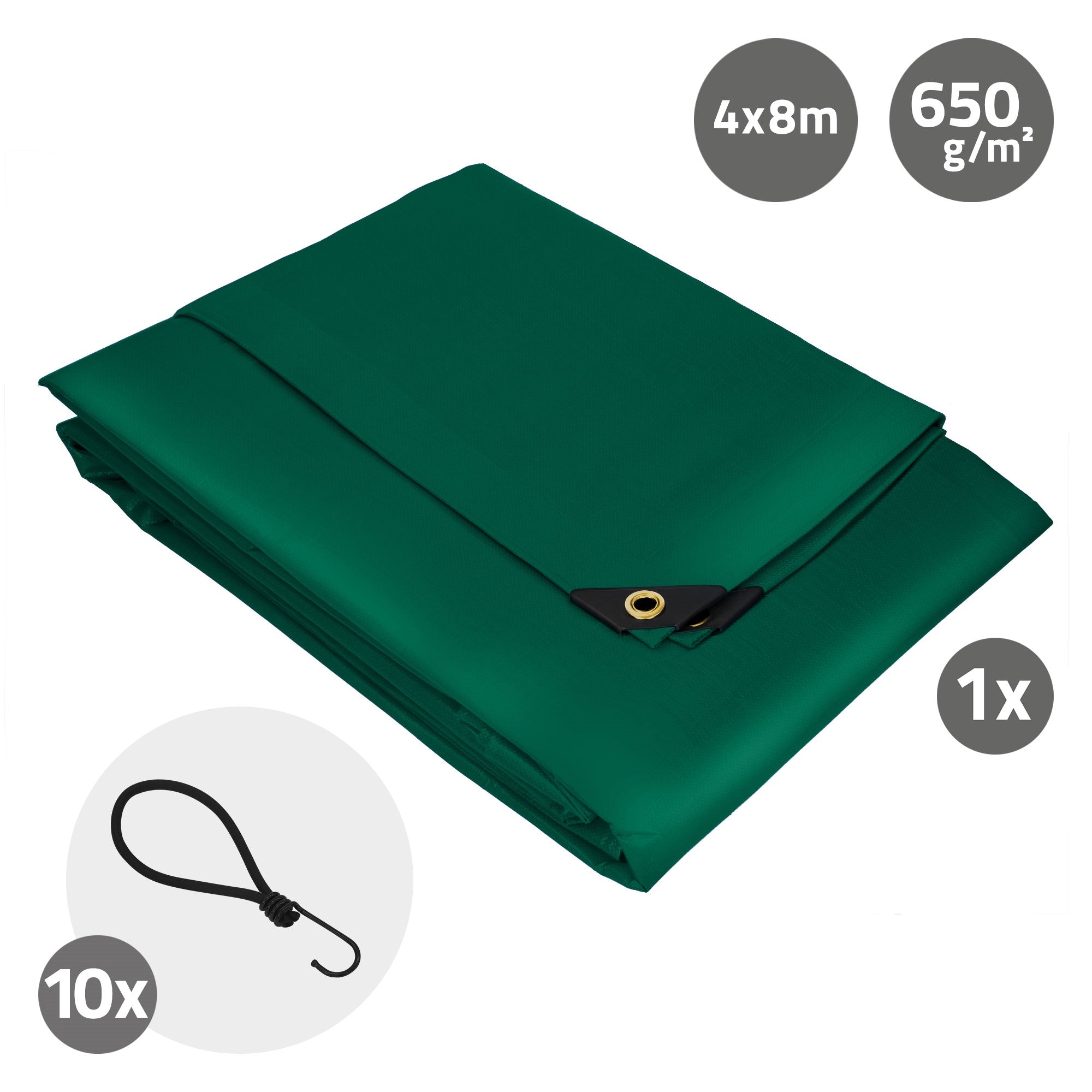 Grüne Plane, 4x8m, 650 g/m², mit Ösen und einem Haken.