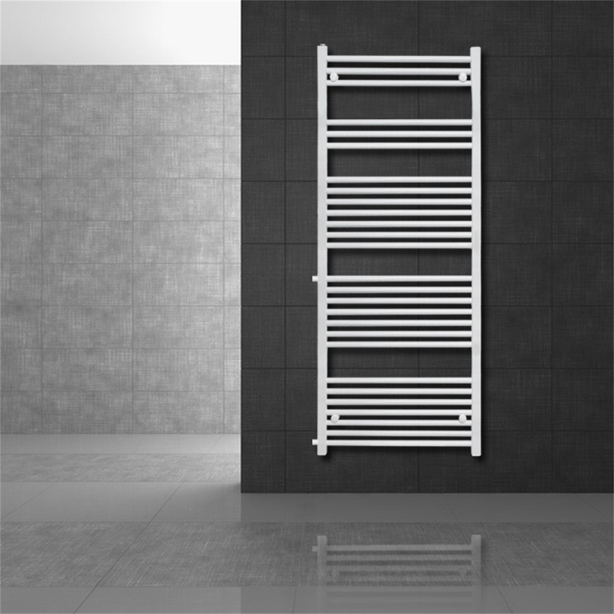 White towel radiator mounted on a wall against a gray background.