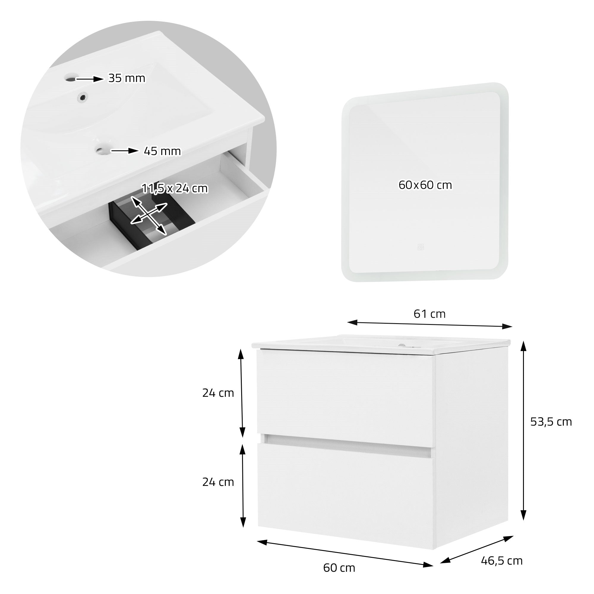 Mueble de baño con dimensiones, lavabo y un espejo.
