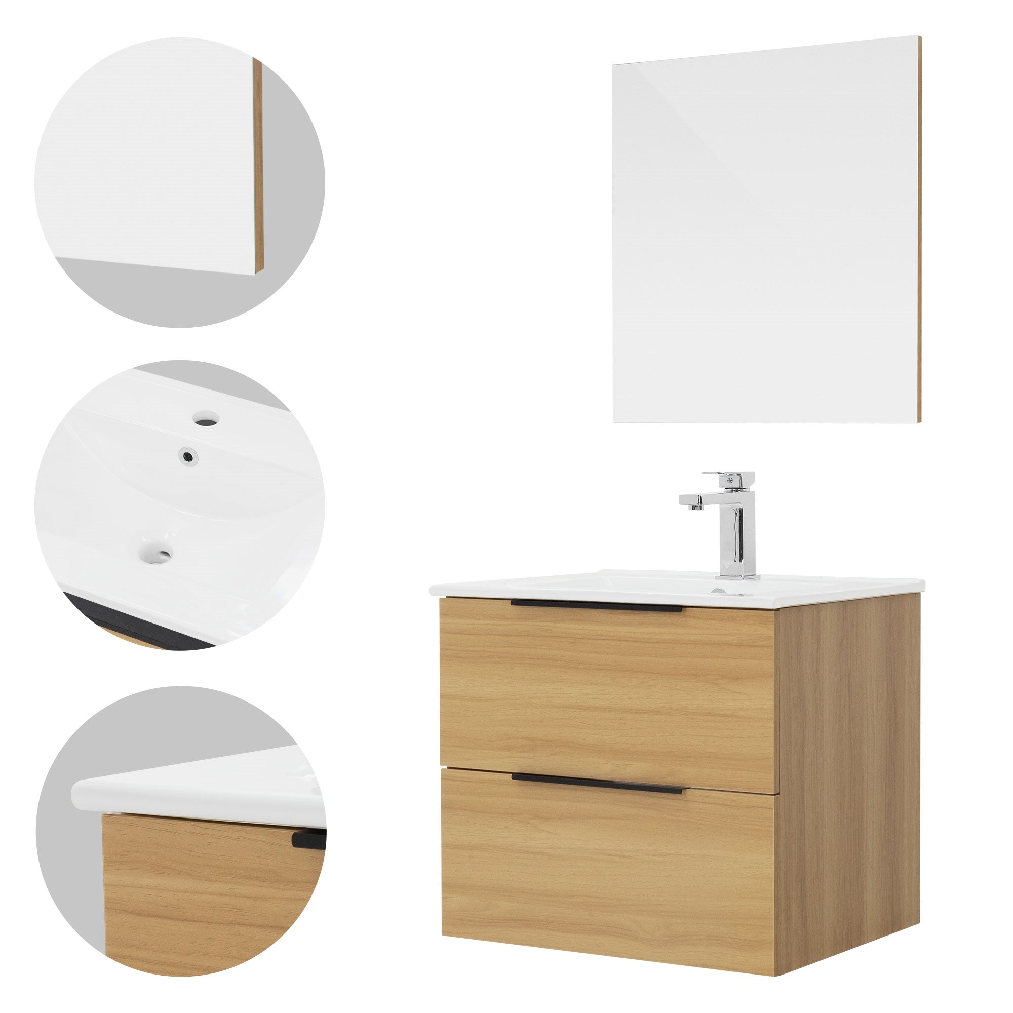 Detailansicht eines Badezimmermöbels mit Waschbecken und Schubladen.