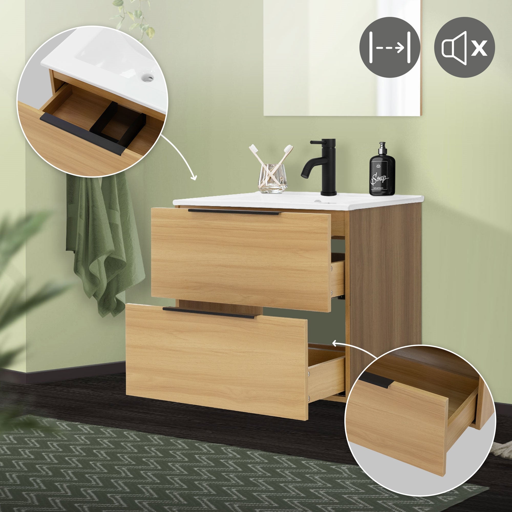 Ein Badezimmermöbel mit zwei Schubladen und einem Waschbecken auf einer weißen Oberfläche.