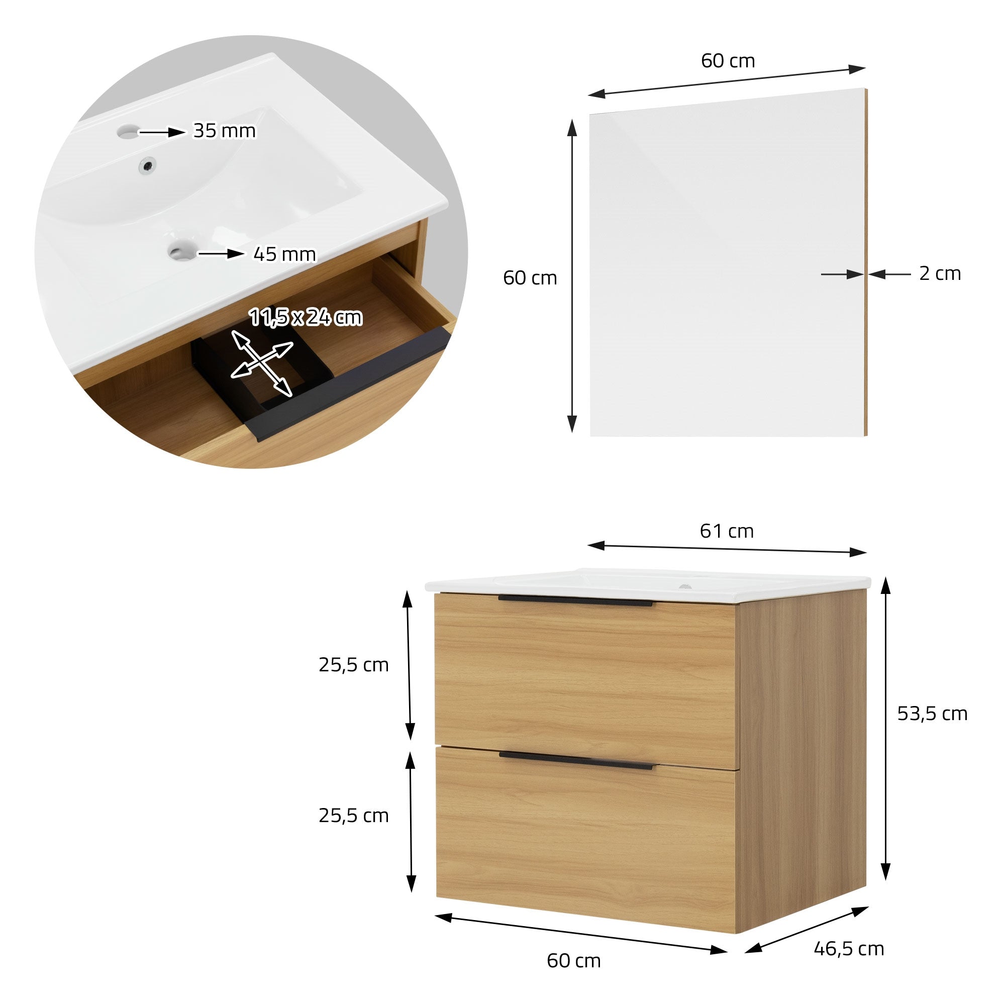 Maßzeichnung eines Badezimmermöbels mit Schubladen und Waschbecken.