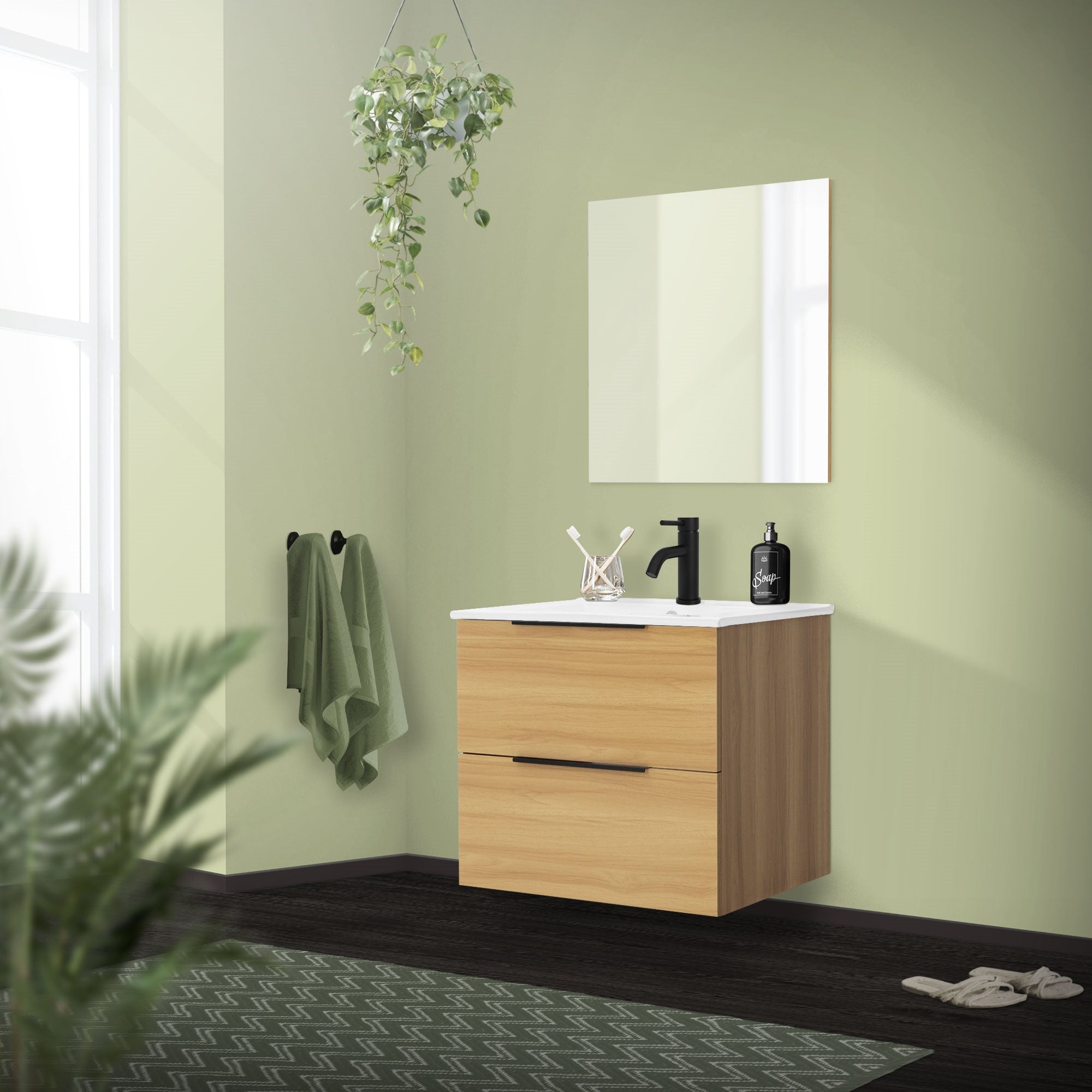A bathroom with a wooden washbasin, mirror, and plants on the wall.