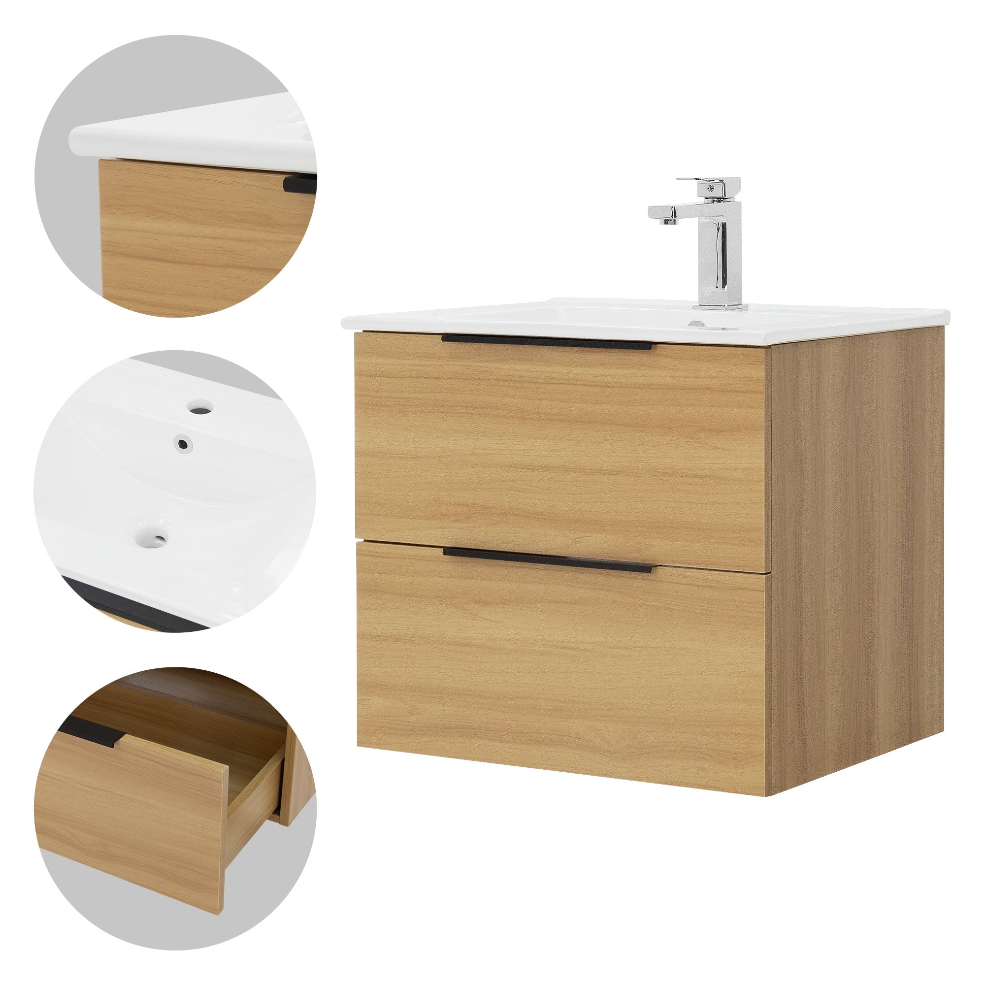 Primer plano de un lavabo de madera con dos cajones y grifo.