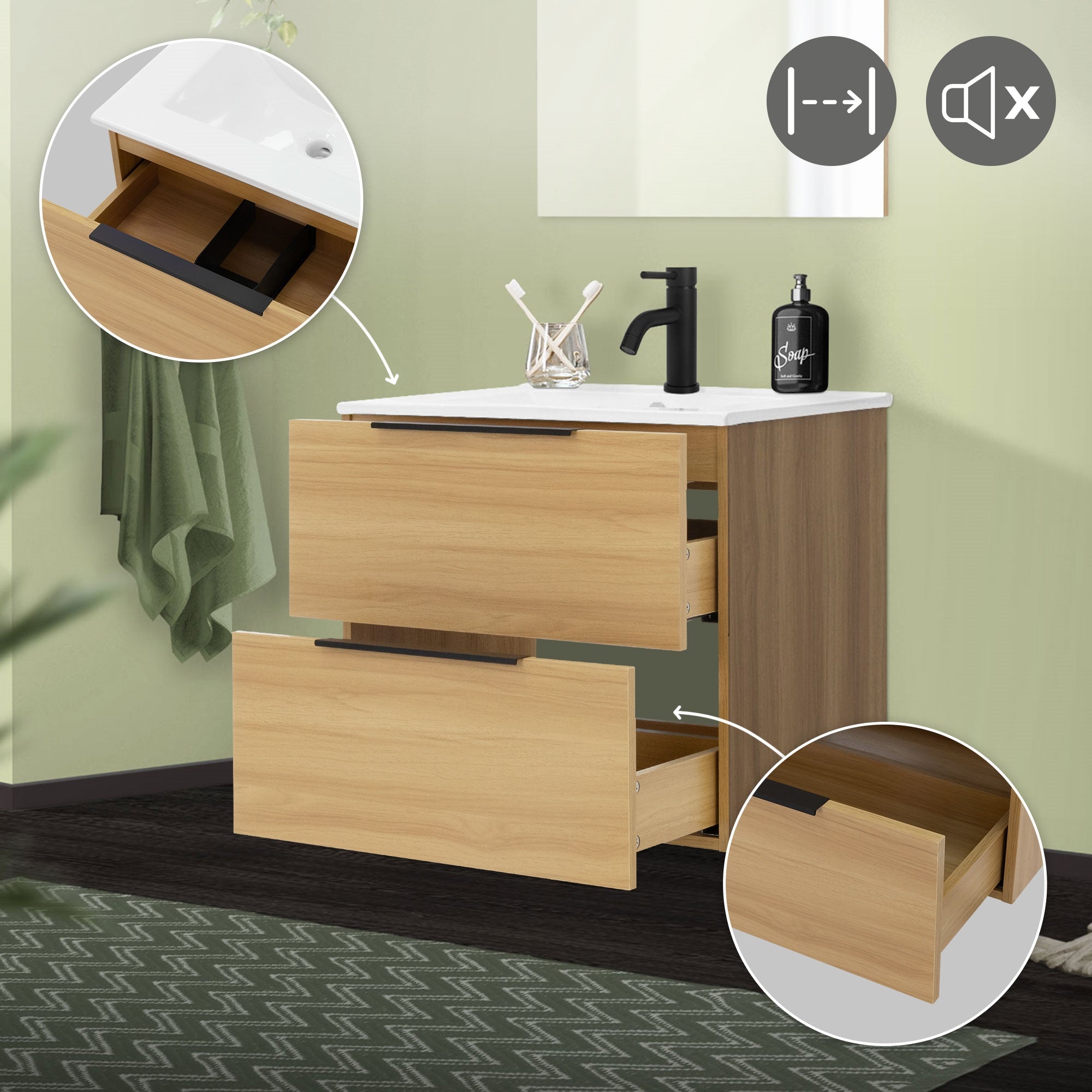 Lavabo con cajones abiertos y grifo negro.