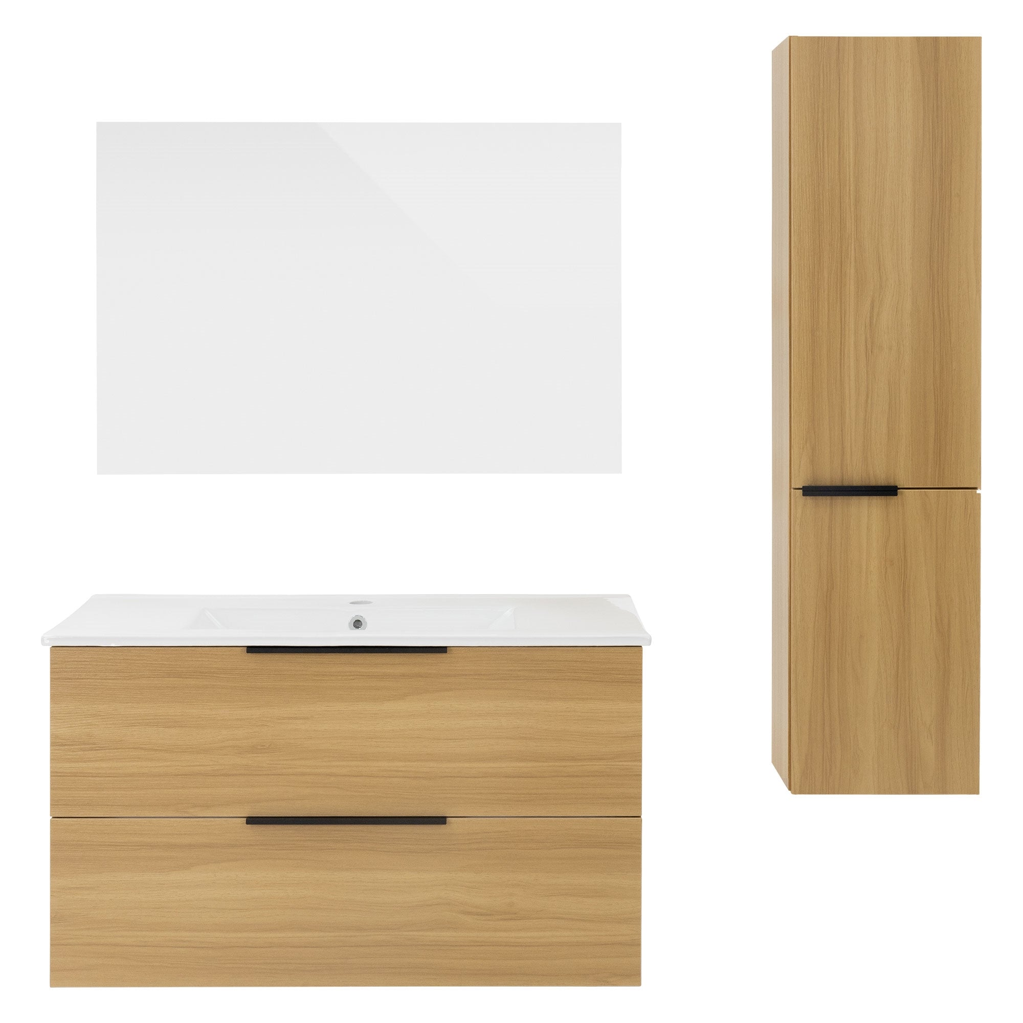 Wooden washbasin cabinet with mirror and wooden cabinet on the wall.