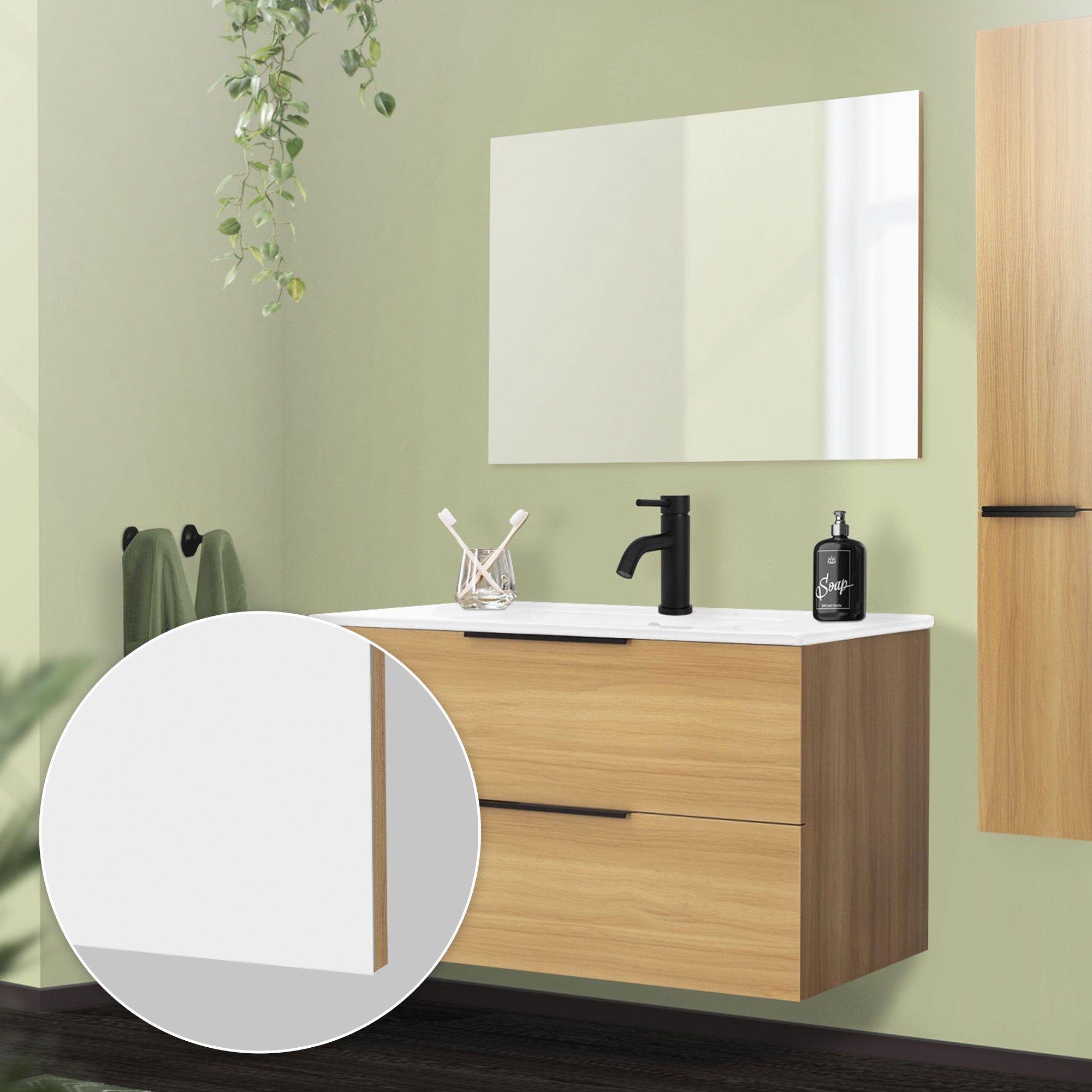 Wooden washbasin with mirror and black faucet.