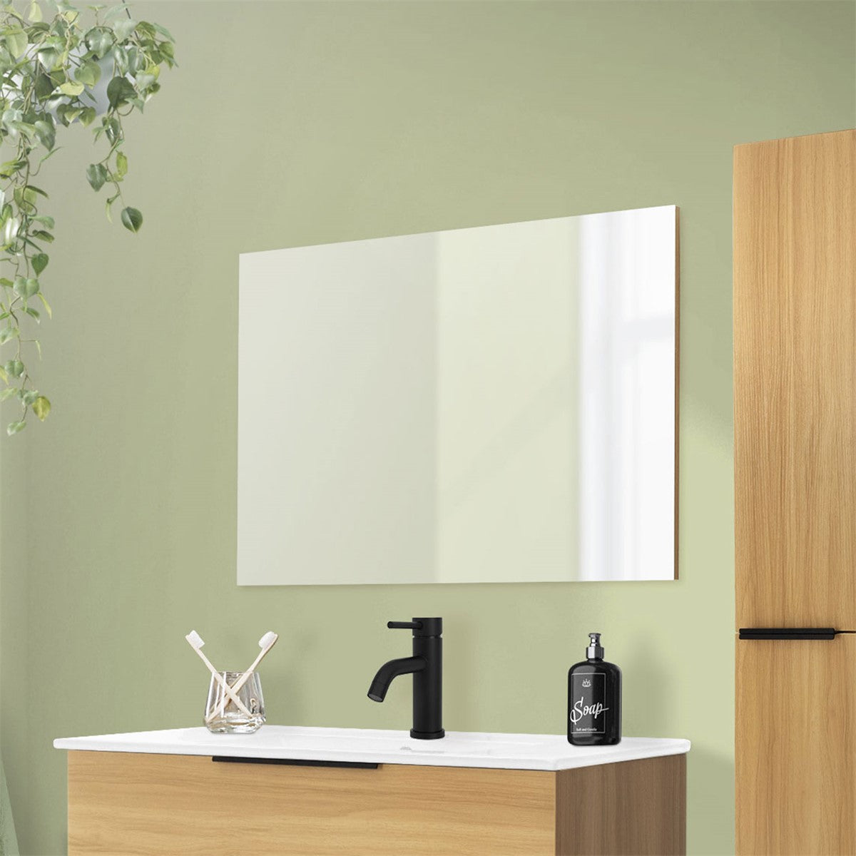 Mirror above a vanity unit, with plants and a bottle.