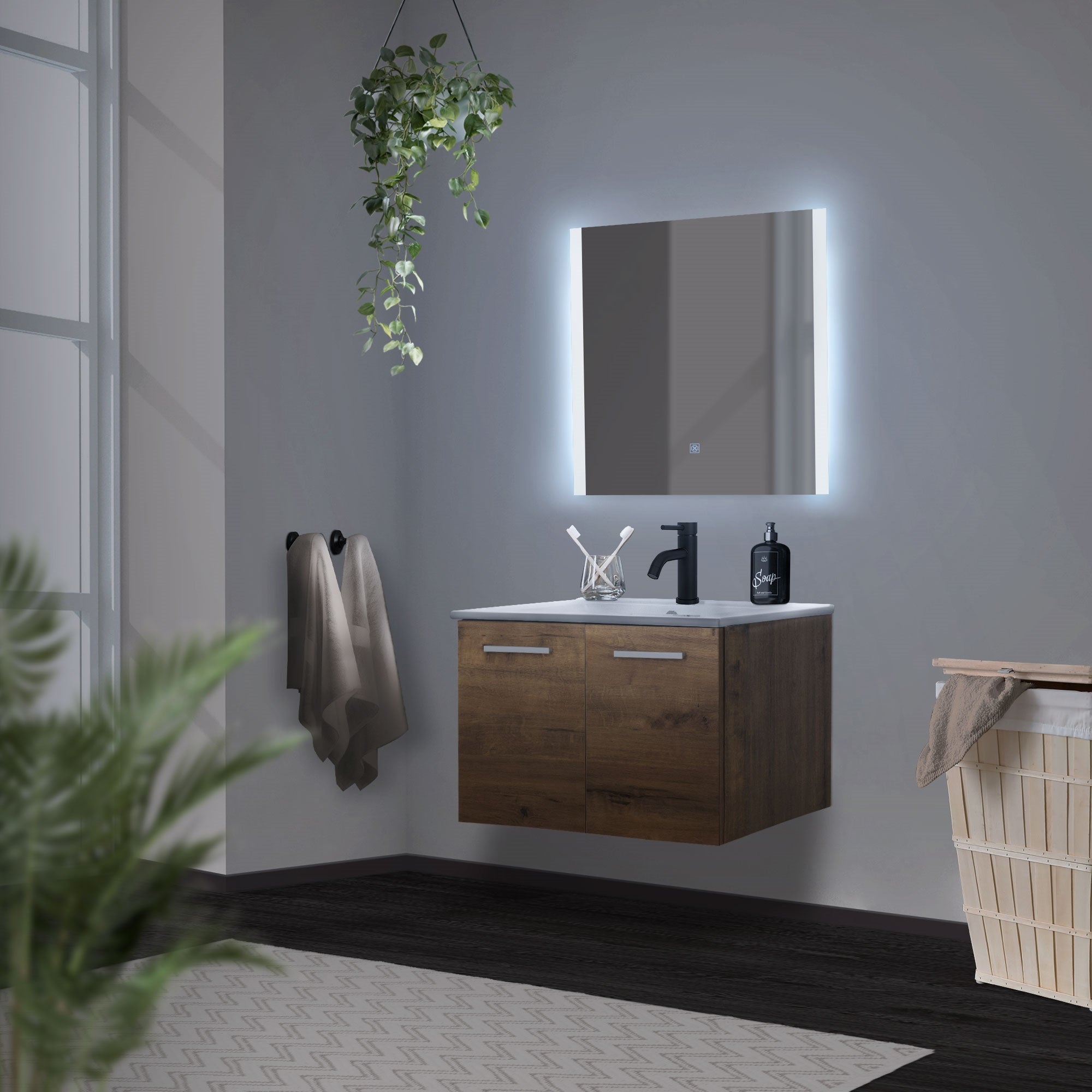 Lavabo colgante en un baño moderno con plantas.