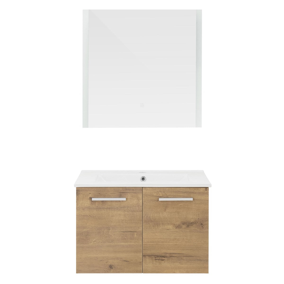 Bathroom furniture with two drawers and a large mirror.