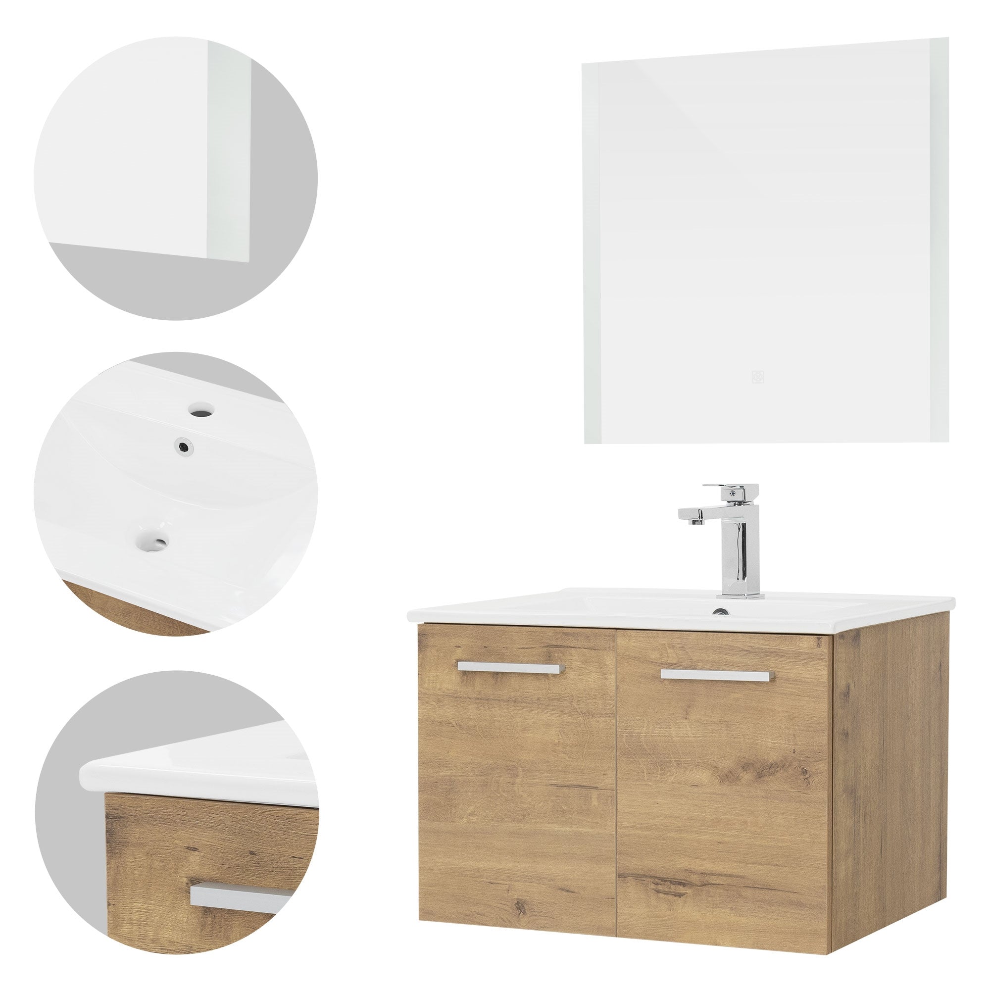 Mueble de lavabo con espejo, grifo y superficie de madera.