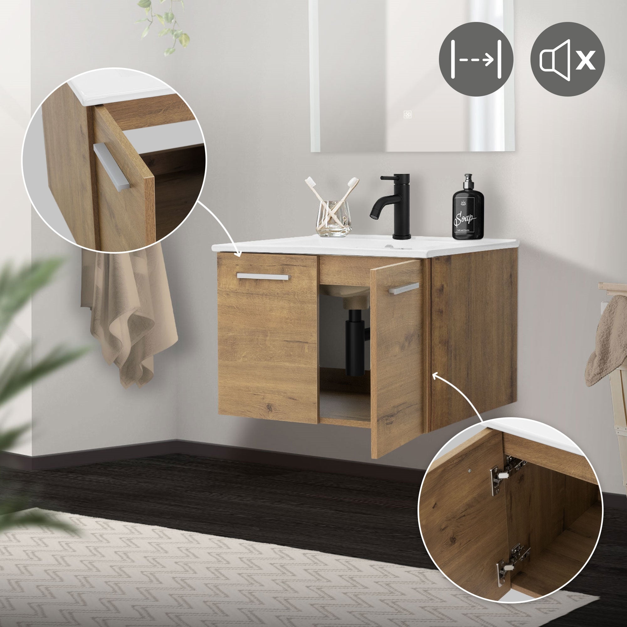 Mueble de lavabo colgante con dos puertas y grifo.