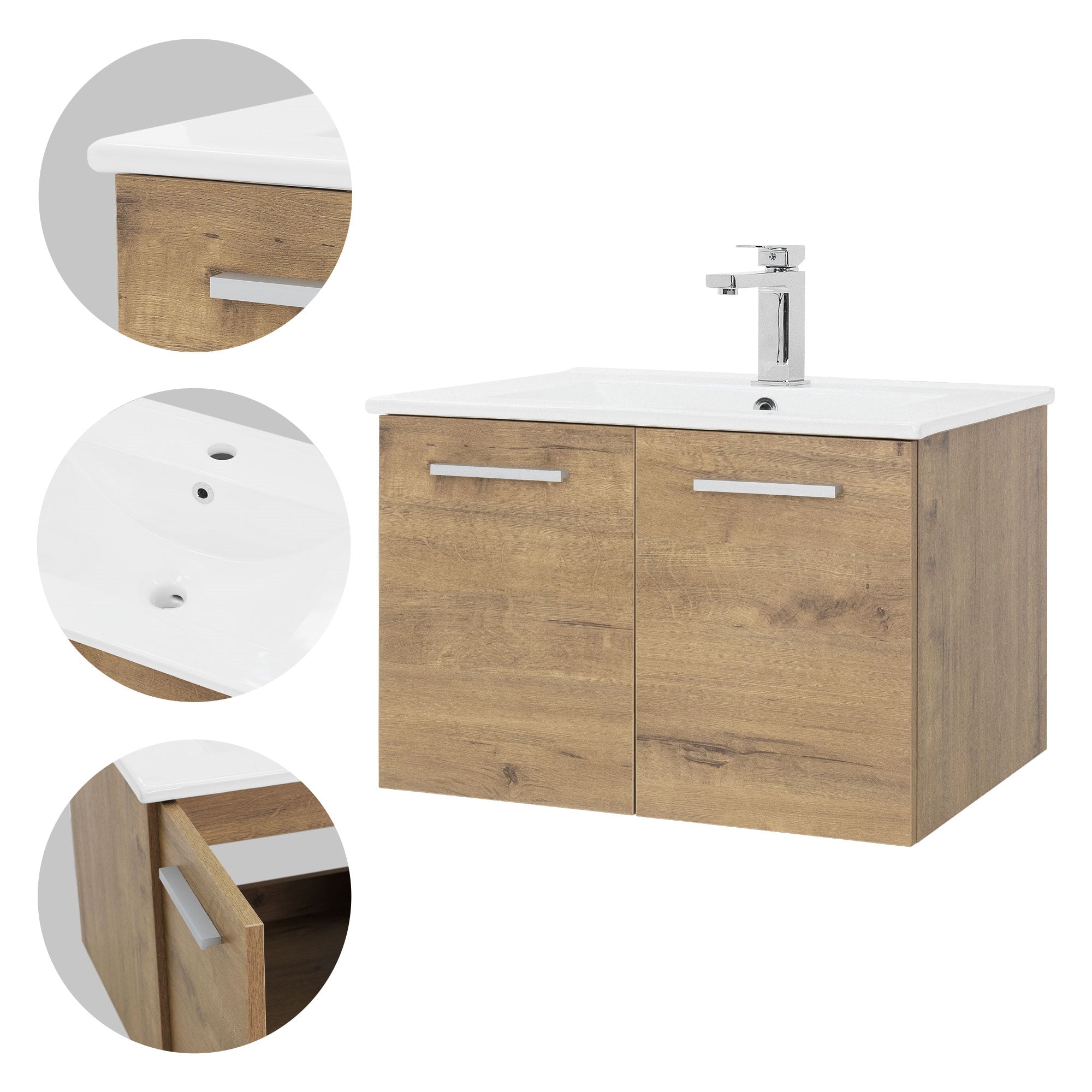 Vista detallada de un armario de madera con lavabo y dos puertas.