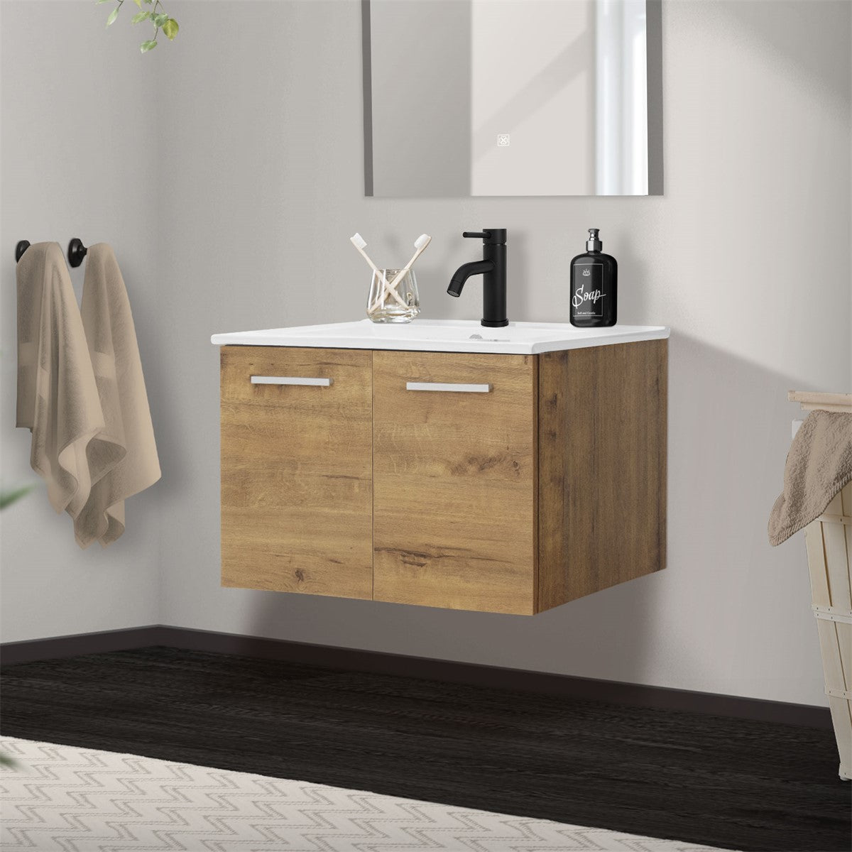 Wall-mounted bathroom furniture with washbasin and mirror, wood-coloured.