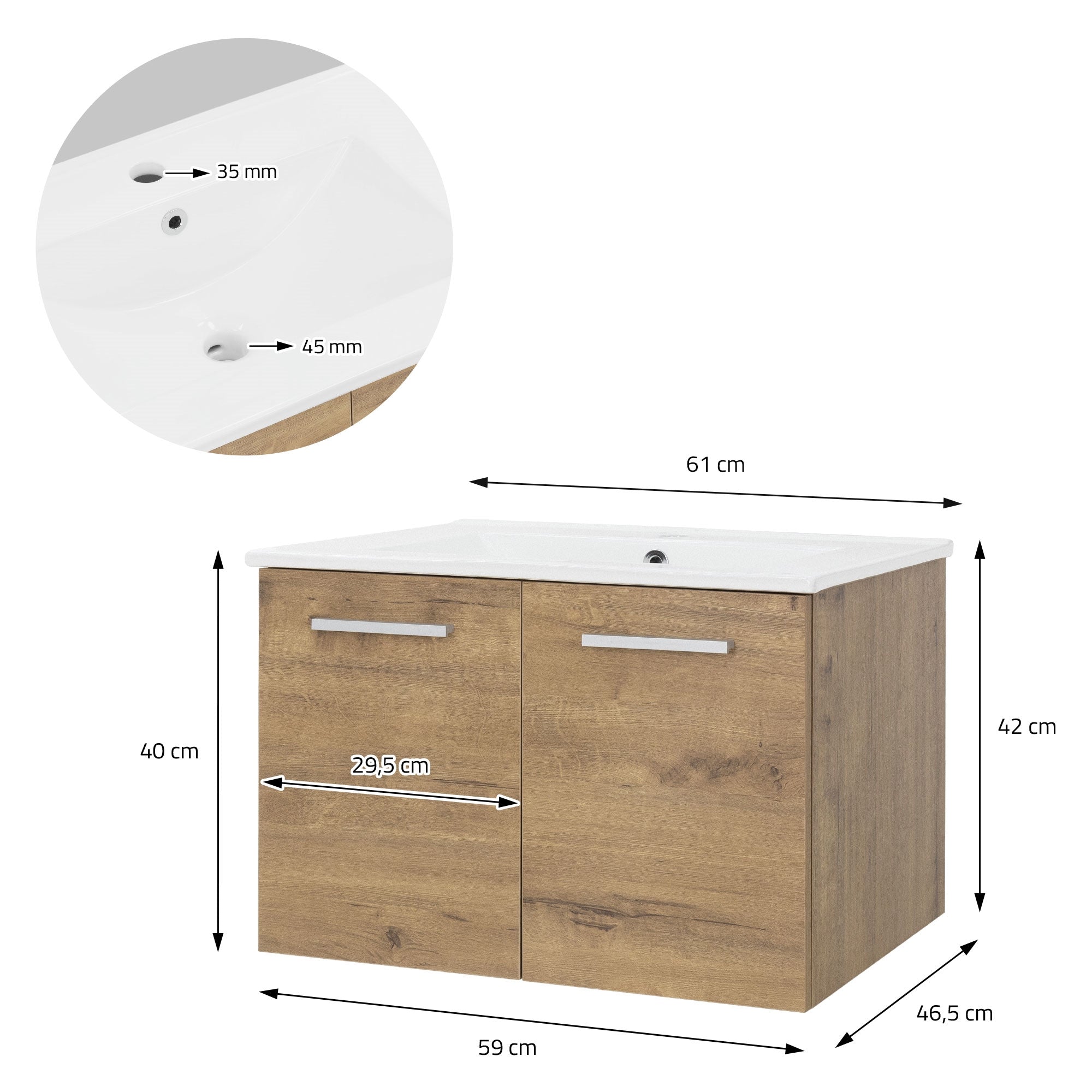 Lavabo de madera con dimensiones y dos puertas.