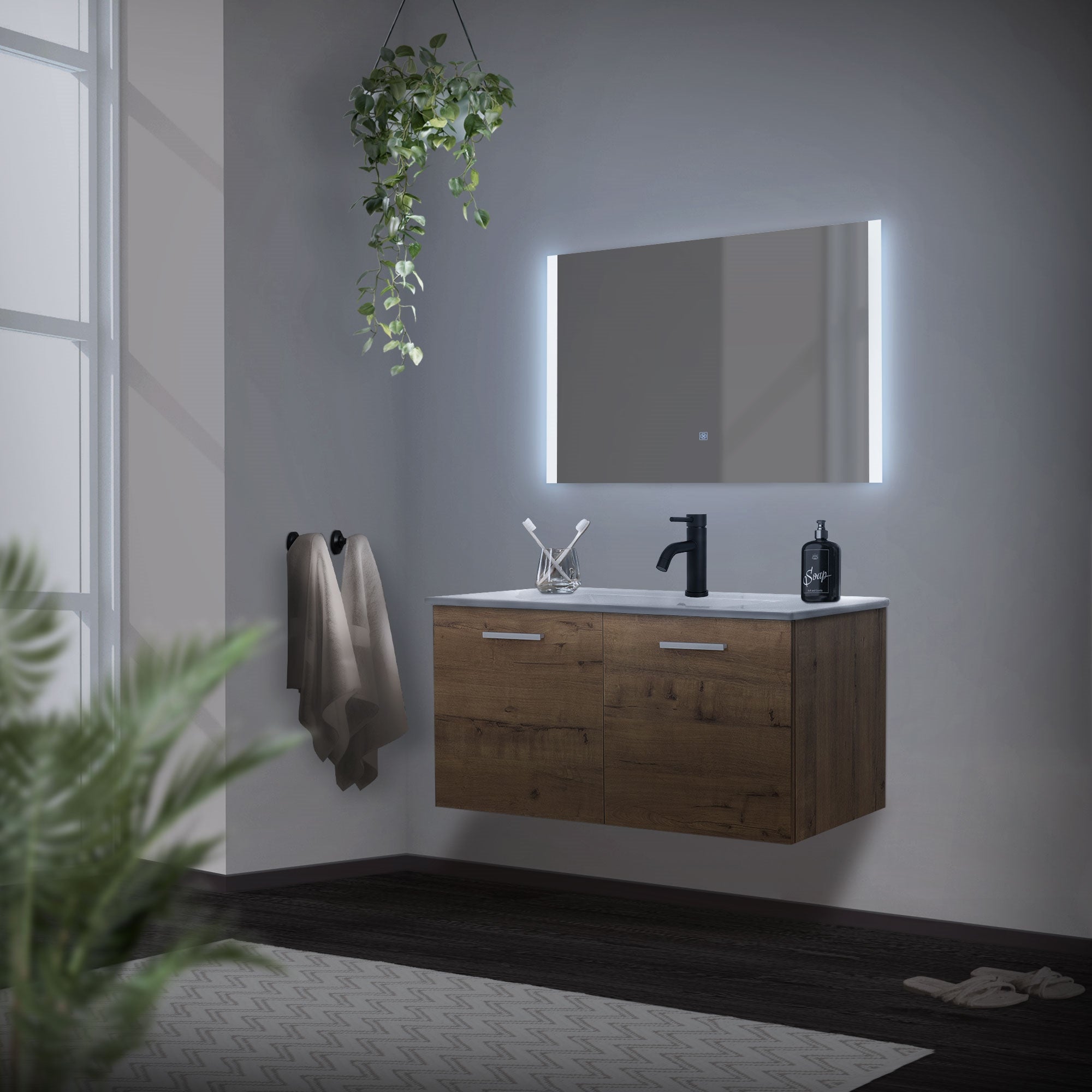 Bagno con armadio in legno, specchio illuminato e piante sospese.