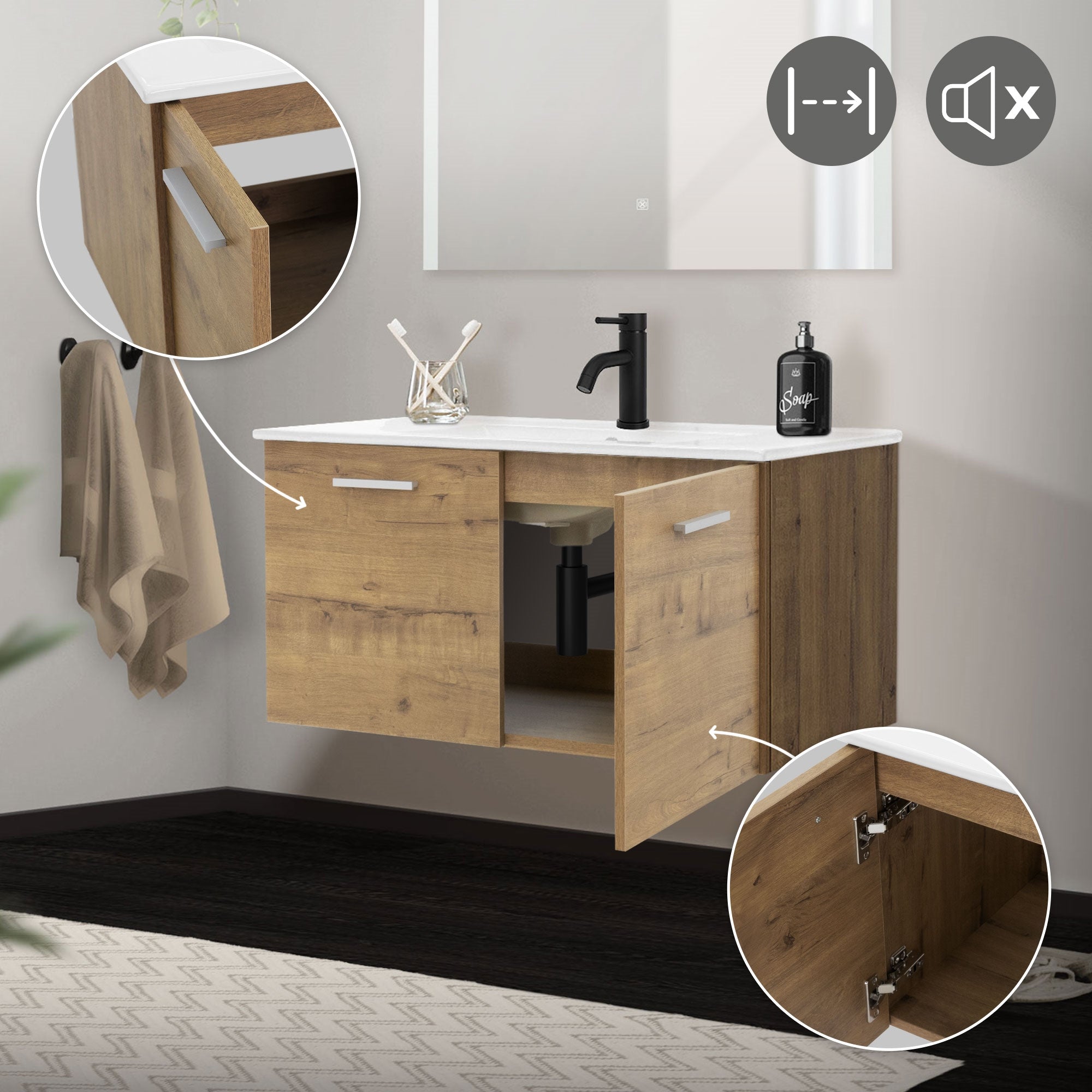 Armadio in legno sospeso con due porte e un lavabo sulla parte superiore.