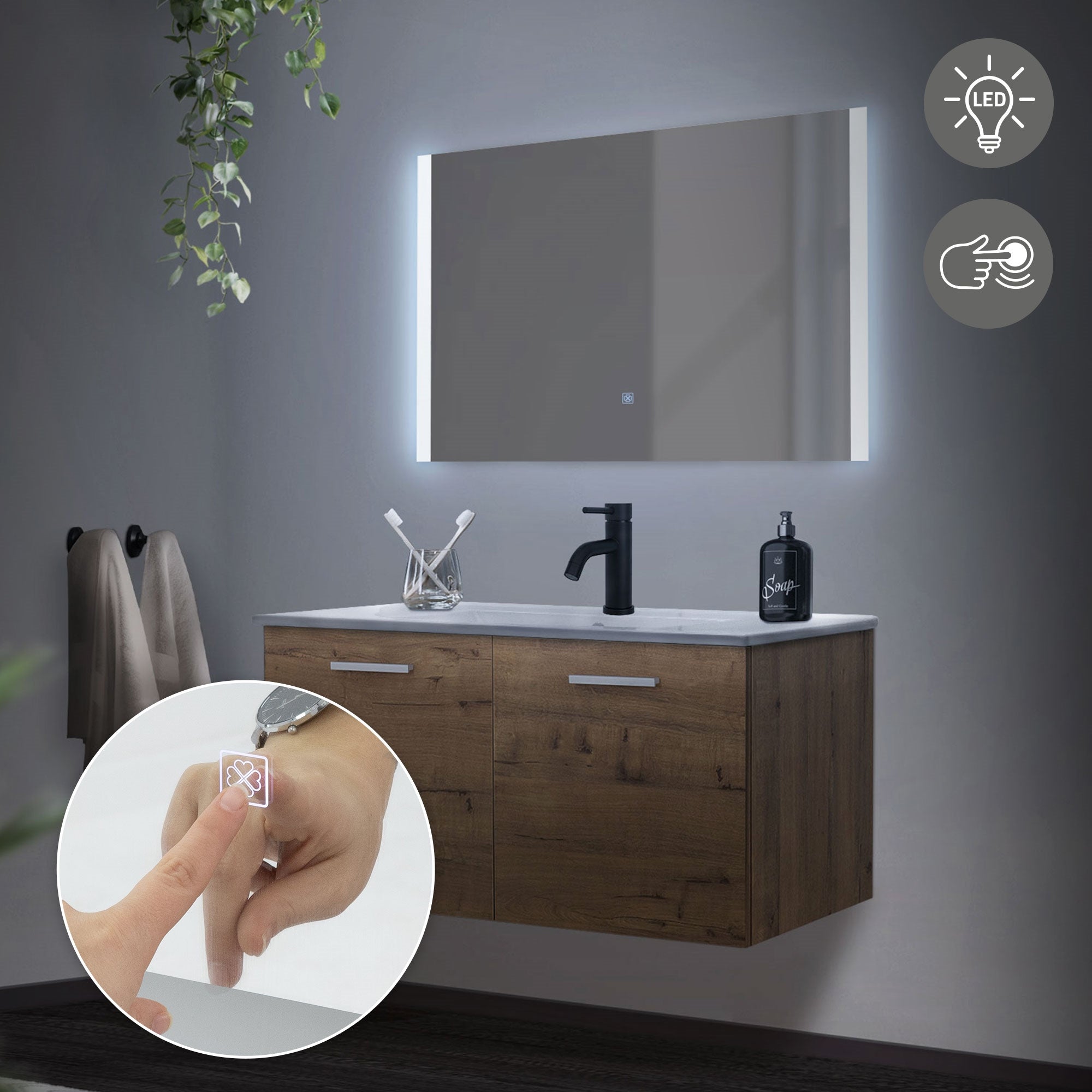 Mobili da bagno moderni con lavabo e specchio, effetto legno.