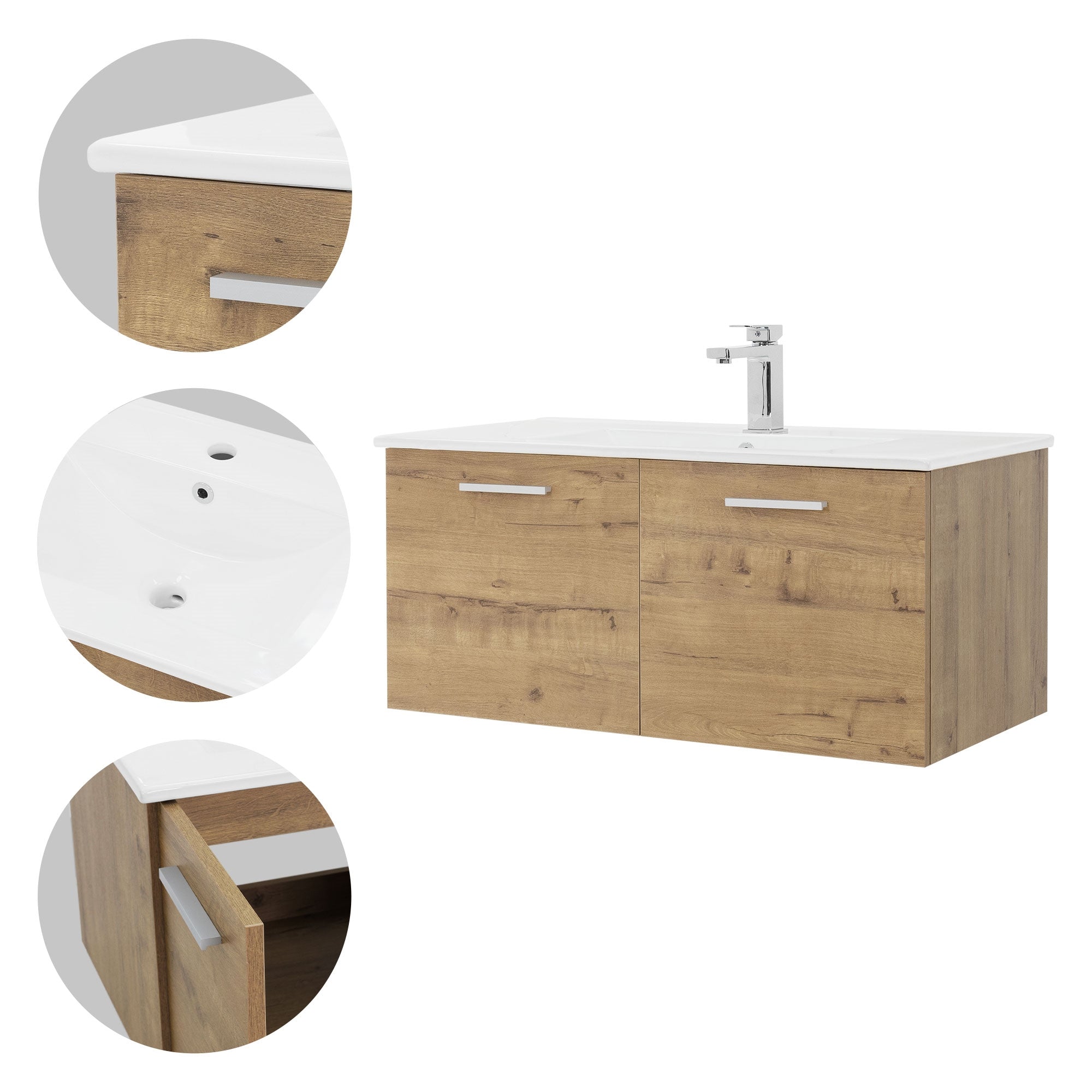 Meuble sous lavabo en couleur bois avec lavabo et deux tiroirs.