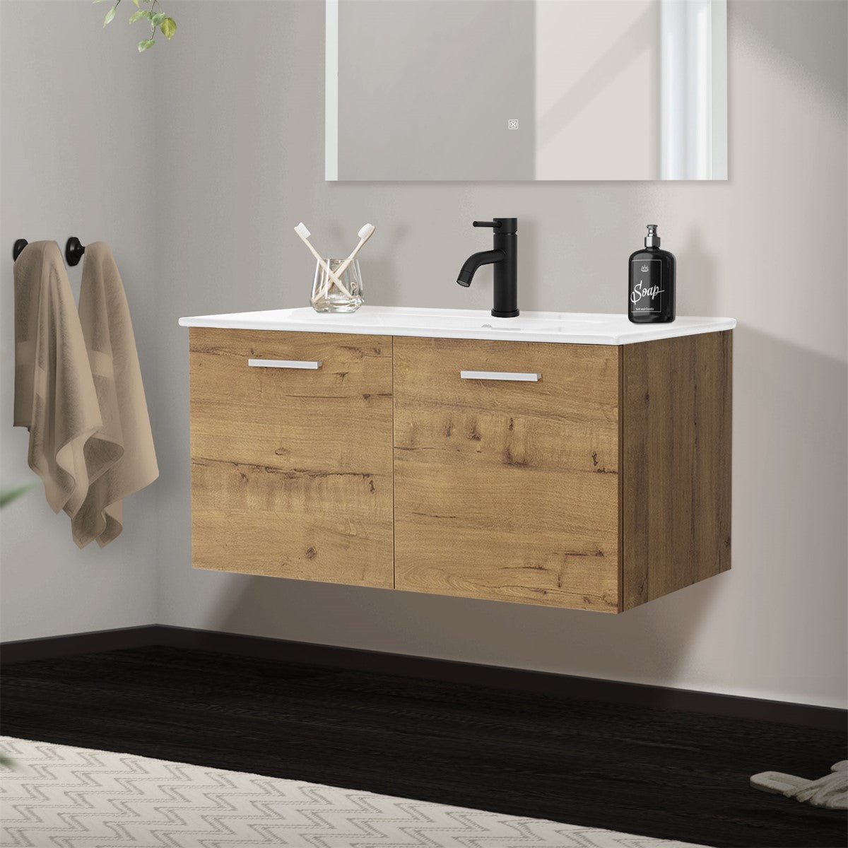 Schwebender Holzschrank mit Waschbecken und Spiegel an einer Wand.