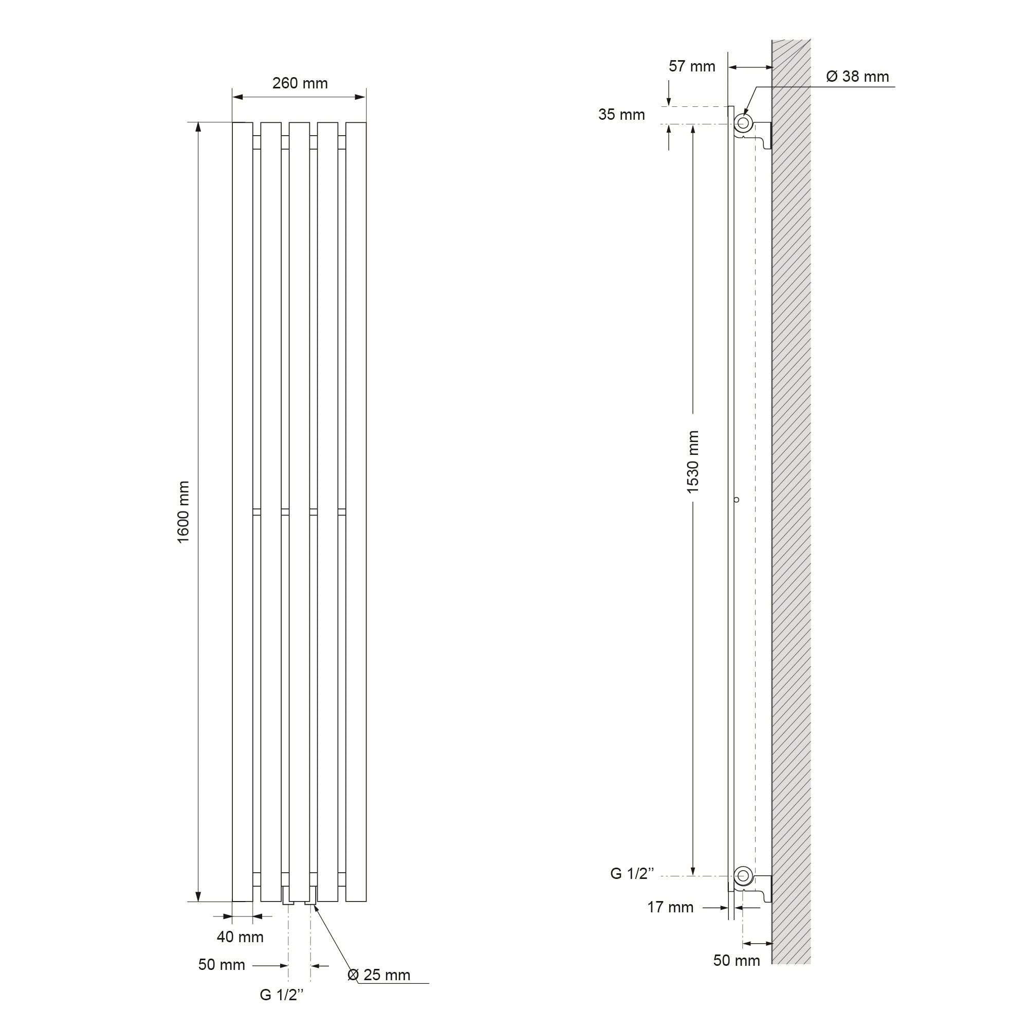 Technical drawing of a radiator with dimensions.