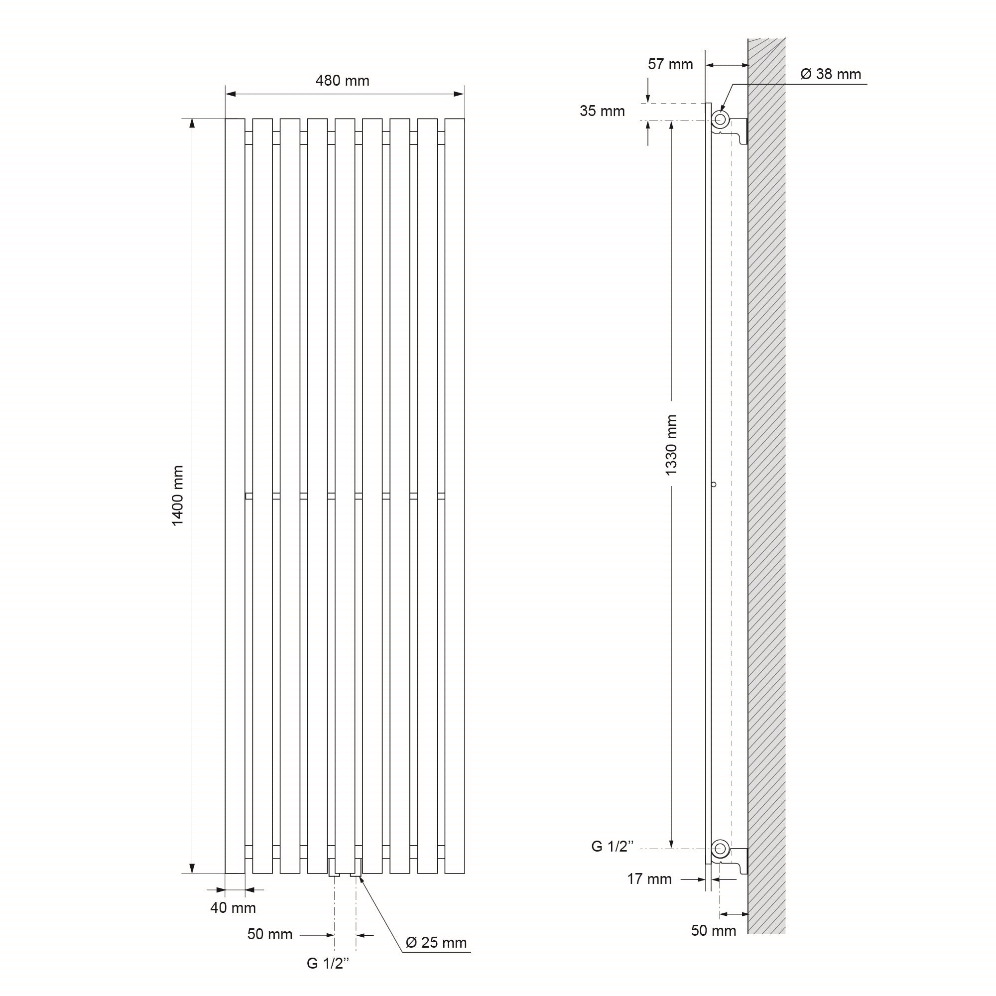 Technische Zeichnung mit Maßen für ein Produkt, 480 mm x 1400 mm.