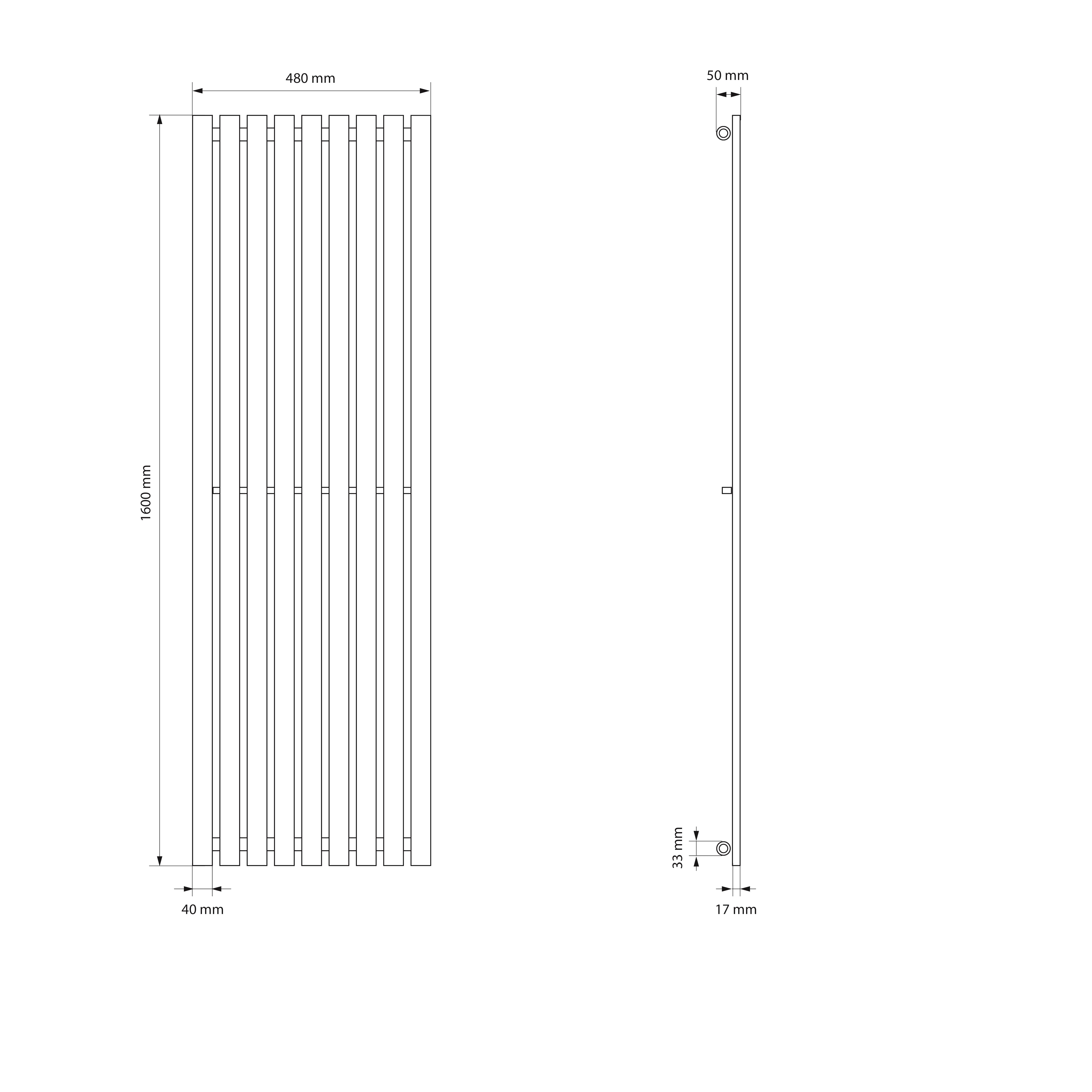Technische Zeichnung mit Maßen für ein Produkt, 480 mm breit und 1600 mm hoch.