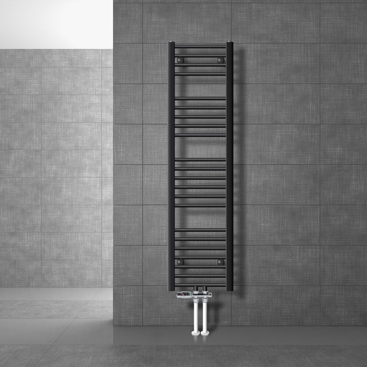 Black towel radiator on a gray wall with pipes.