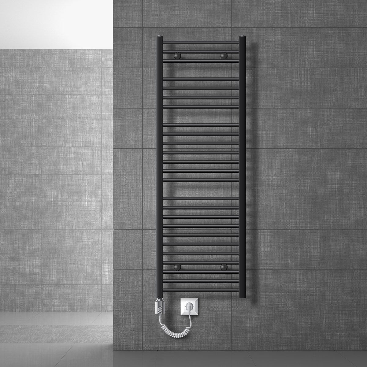 Black towel radiator on a gray wall.