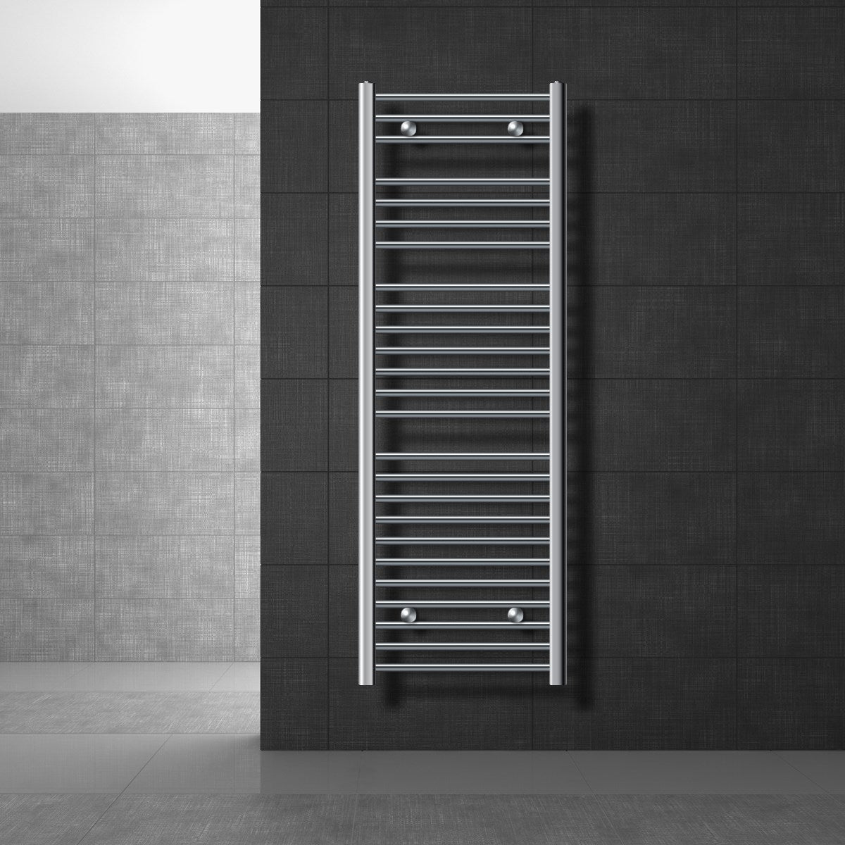 A tall chrome towel radiator on a dark wall.