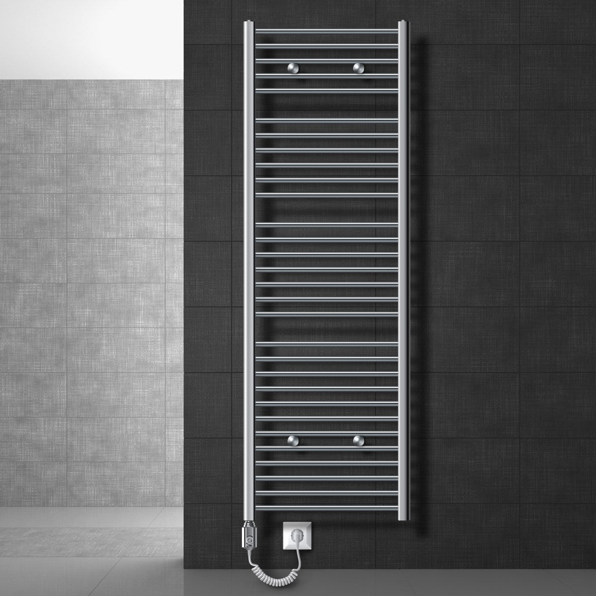 Chrome towel radiator on a dark wall.