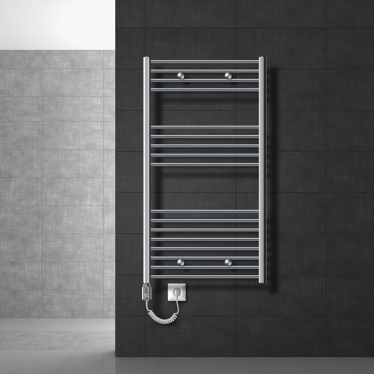 A vertical towel radiator with a plug on a dark wall.