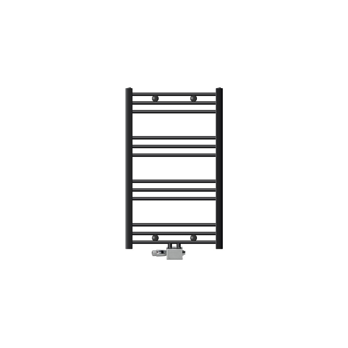 Ein anthrazitfarbener Handtuchwärmer mit mehreren horizontalen Stangen.