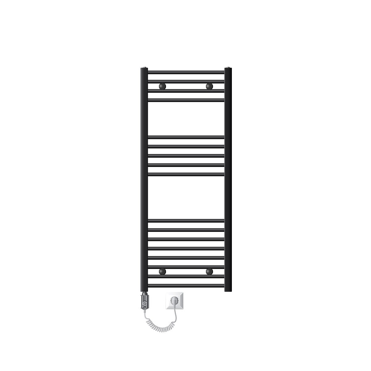 Radiateur électrique noir pour serviettes avec connexion de câble.
