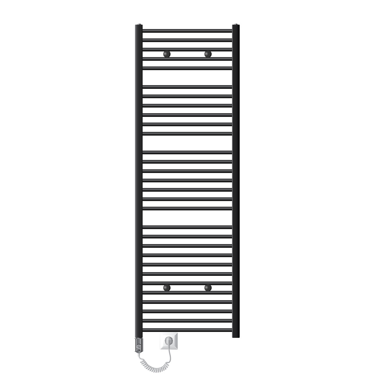 Radiateur à serviettes noir avec des barres horizontales, construction compacte.