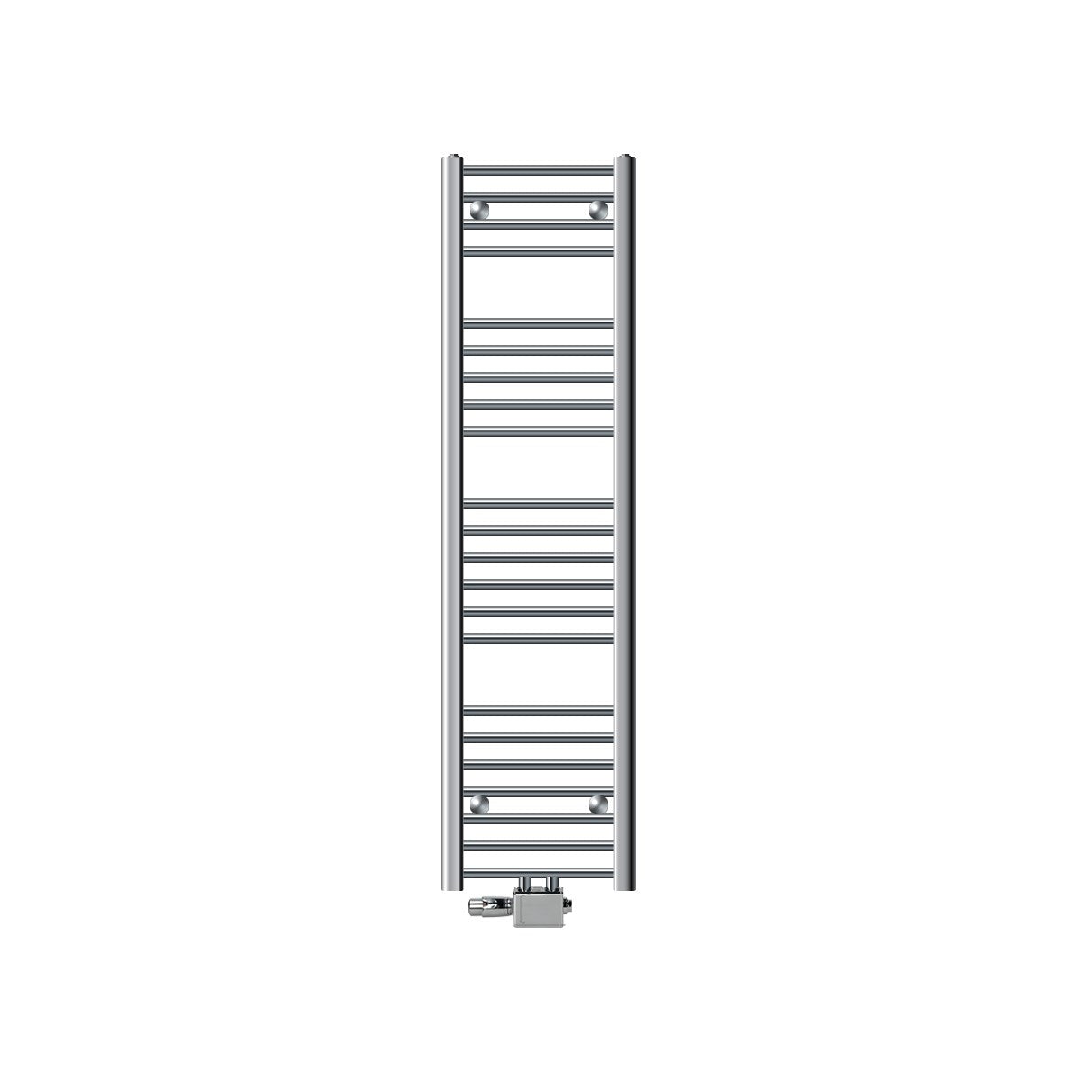 Un radiator vertical cu lamele orizontale înguste din oțel inoxidabil.