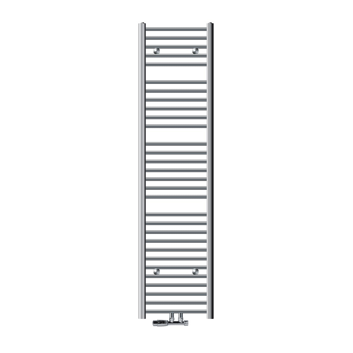 En lodret radiator af forkromet materiale med vandrette rør.