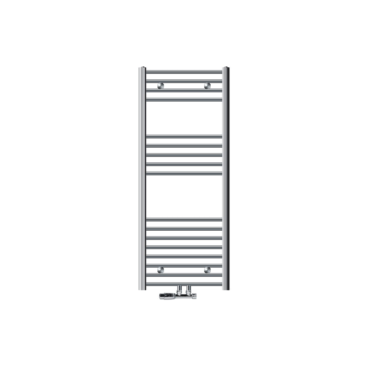 En lodret radiator med vandrette lameller i krom.