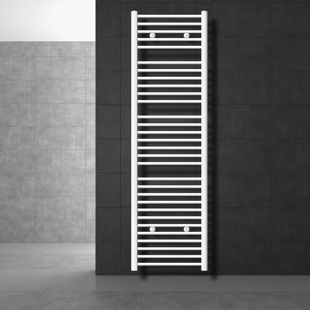 Radiator portprosop înalt, alb, cu bare verticale.
